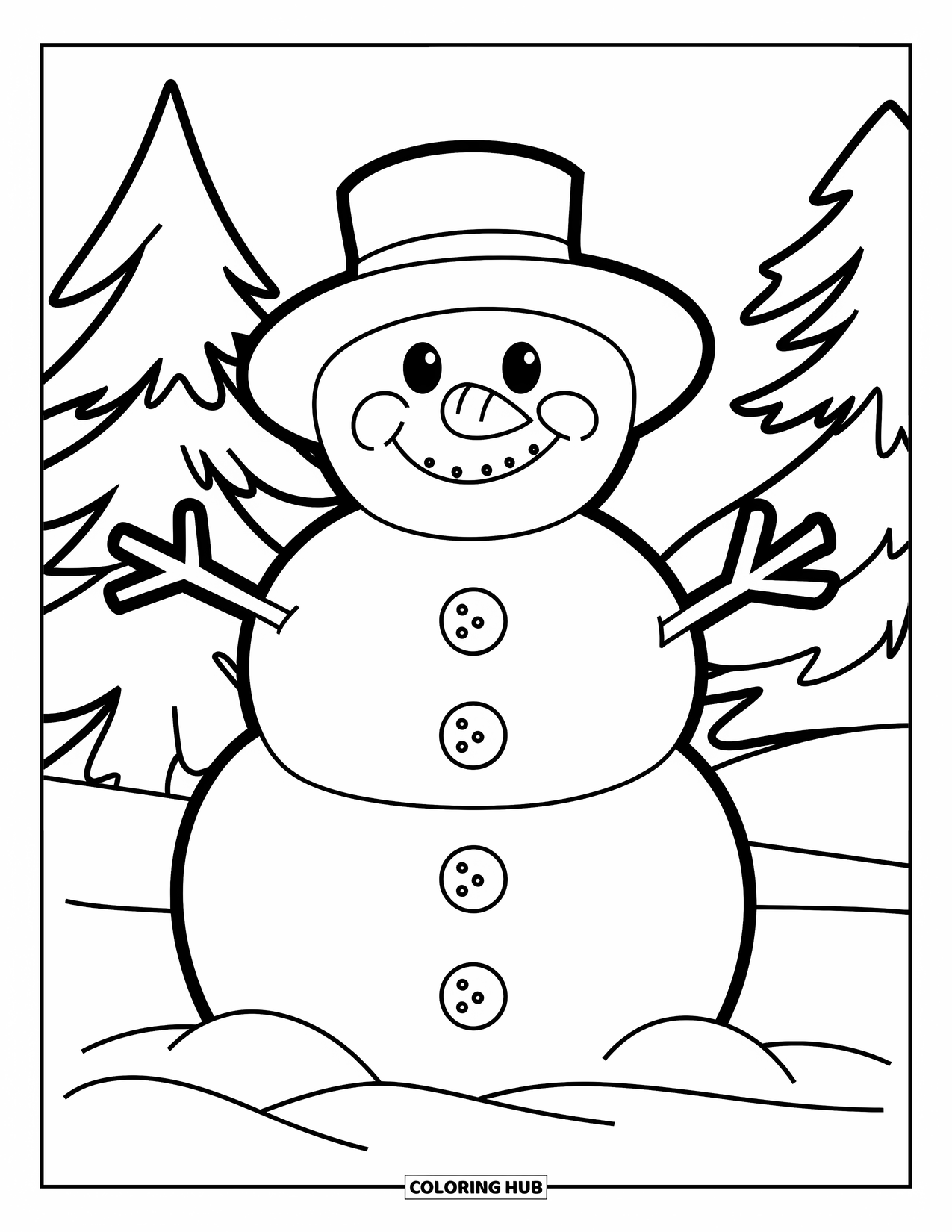 Snow Coloring Page for Kids: A smiling snowman stands in snow with big buttons
