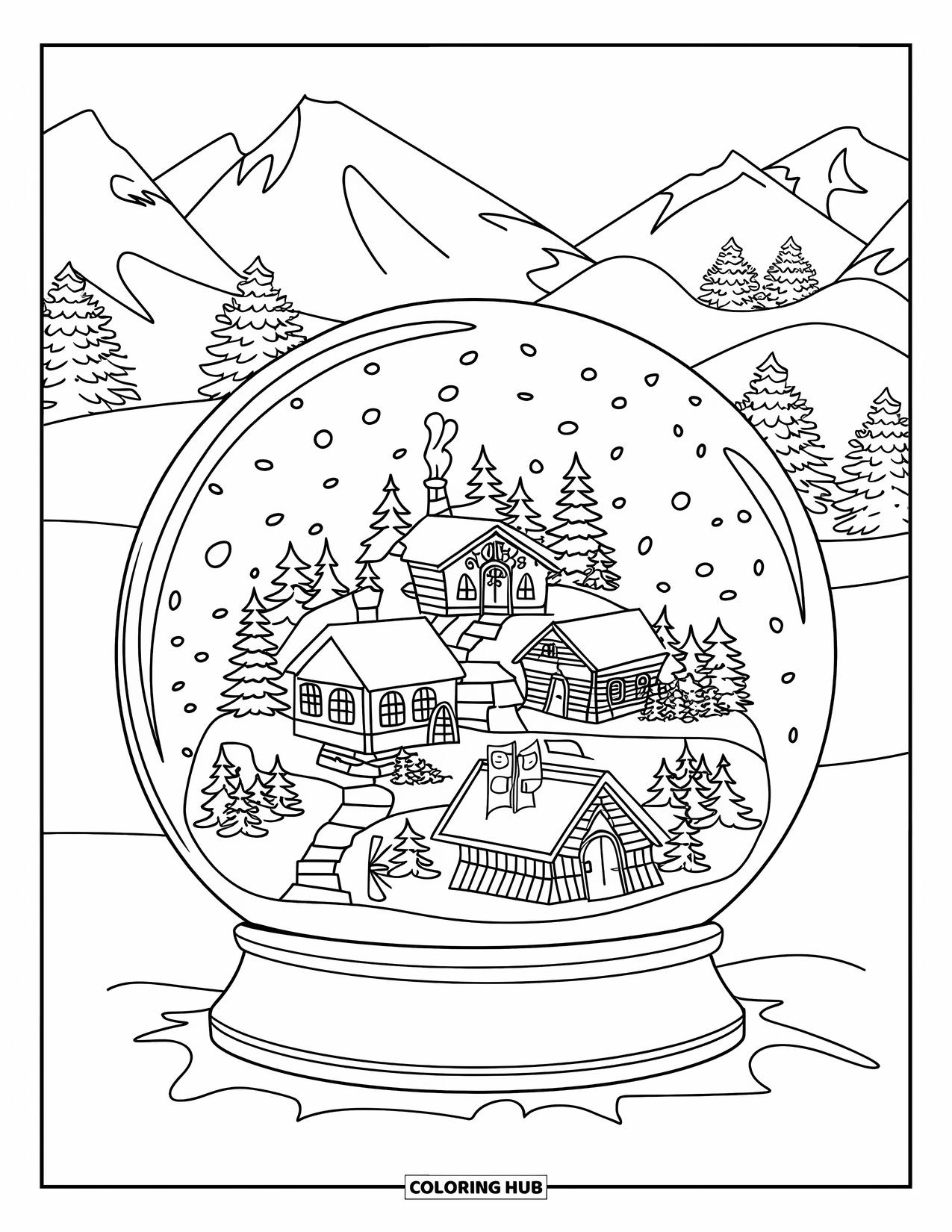 Snow Coloring Page for Kids: A snow globe holds a snowy church, homes, and trees