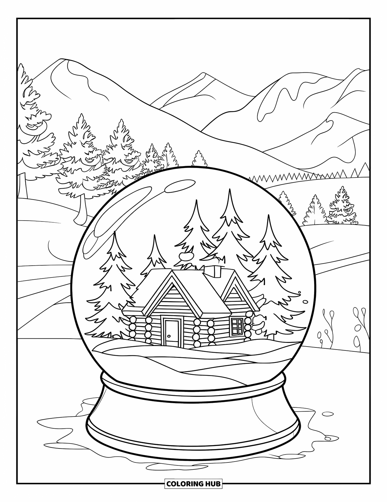 Snow Coloring Page for Kids: A snow globe sits on snow with a tiny tree inside