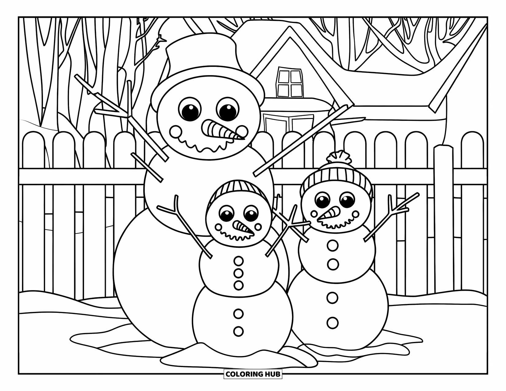 Snow Coloring Page for Kids: A snowman family smiles in a winter wonderland with a house nearby