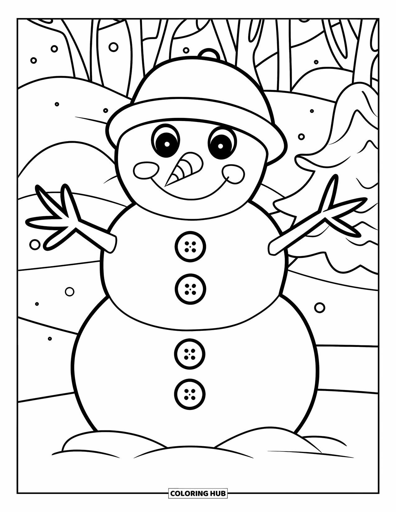 Snow Coloring Page for Kids: A snowman smiles in the snow near snowy trees