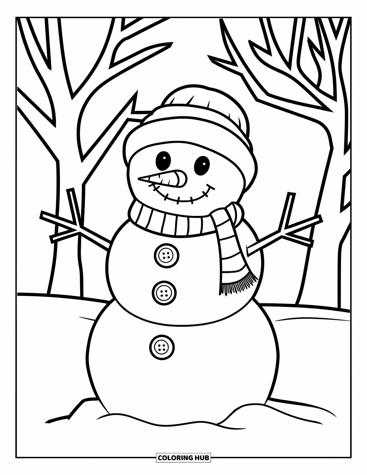 Snow Coloring Page for Kids: A snowman with coal eyes smiles in the snowy field