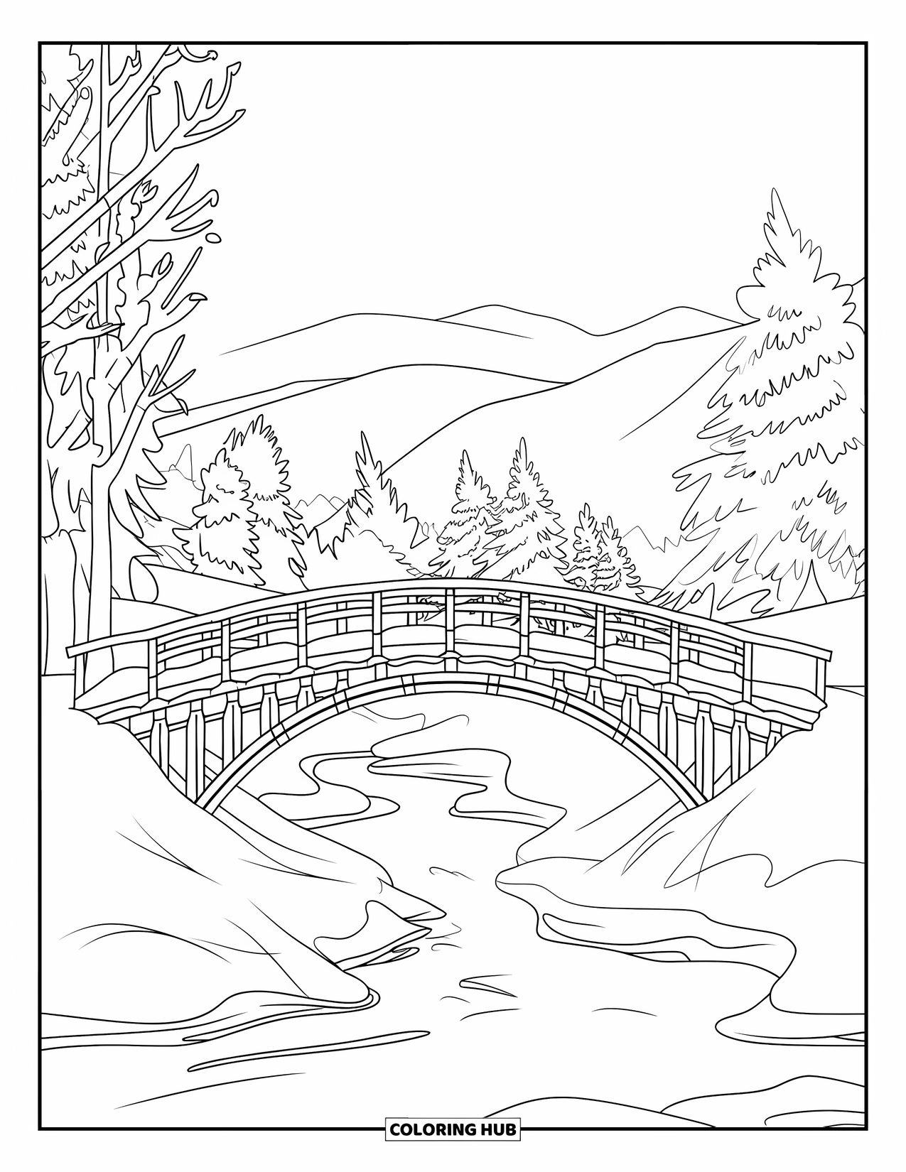 Snow Coloring Page for Kids: A snowy bridge with railings stretches over a frozen river