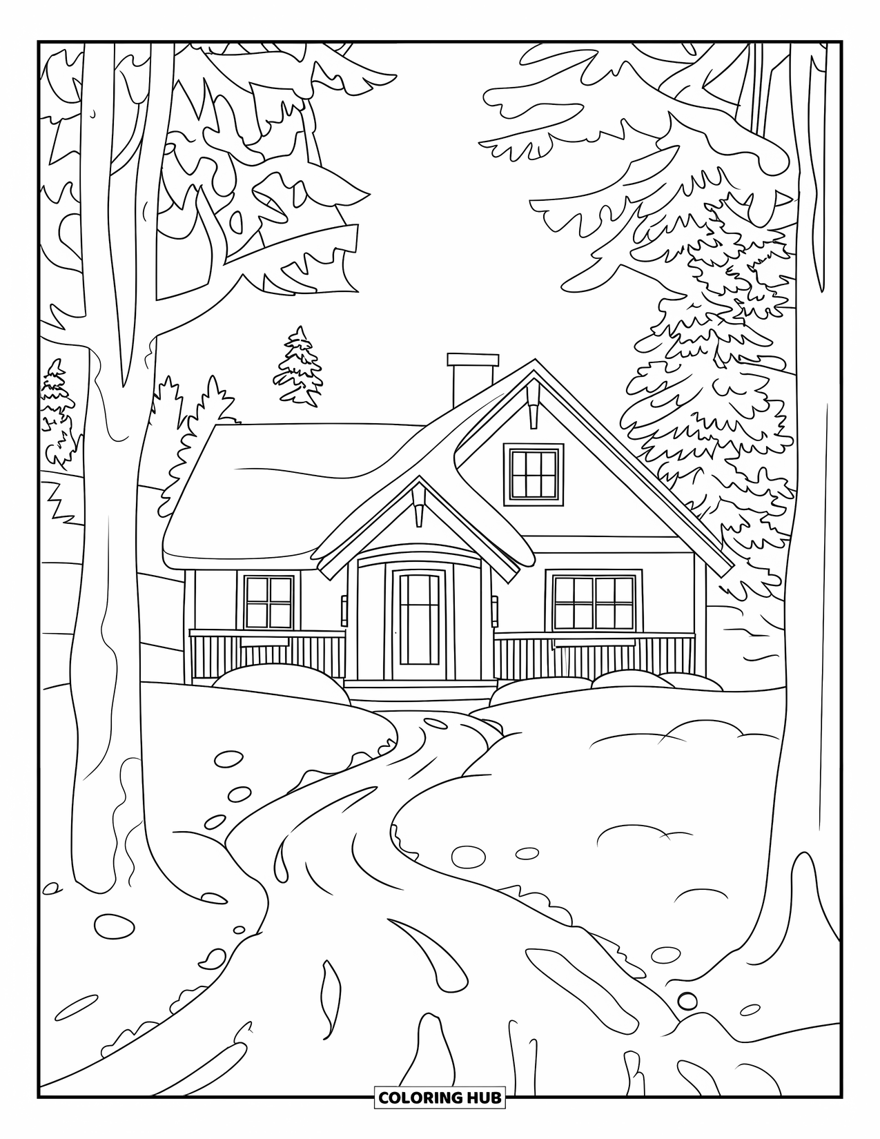 Snow Coloring Page for Kids: A snowy cabin with a chimney and a snowy path