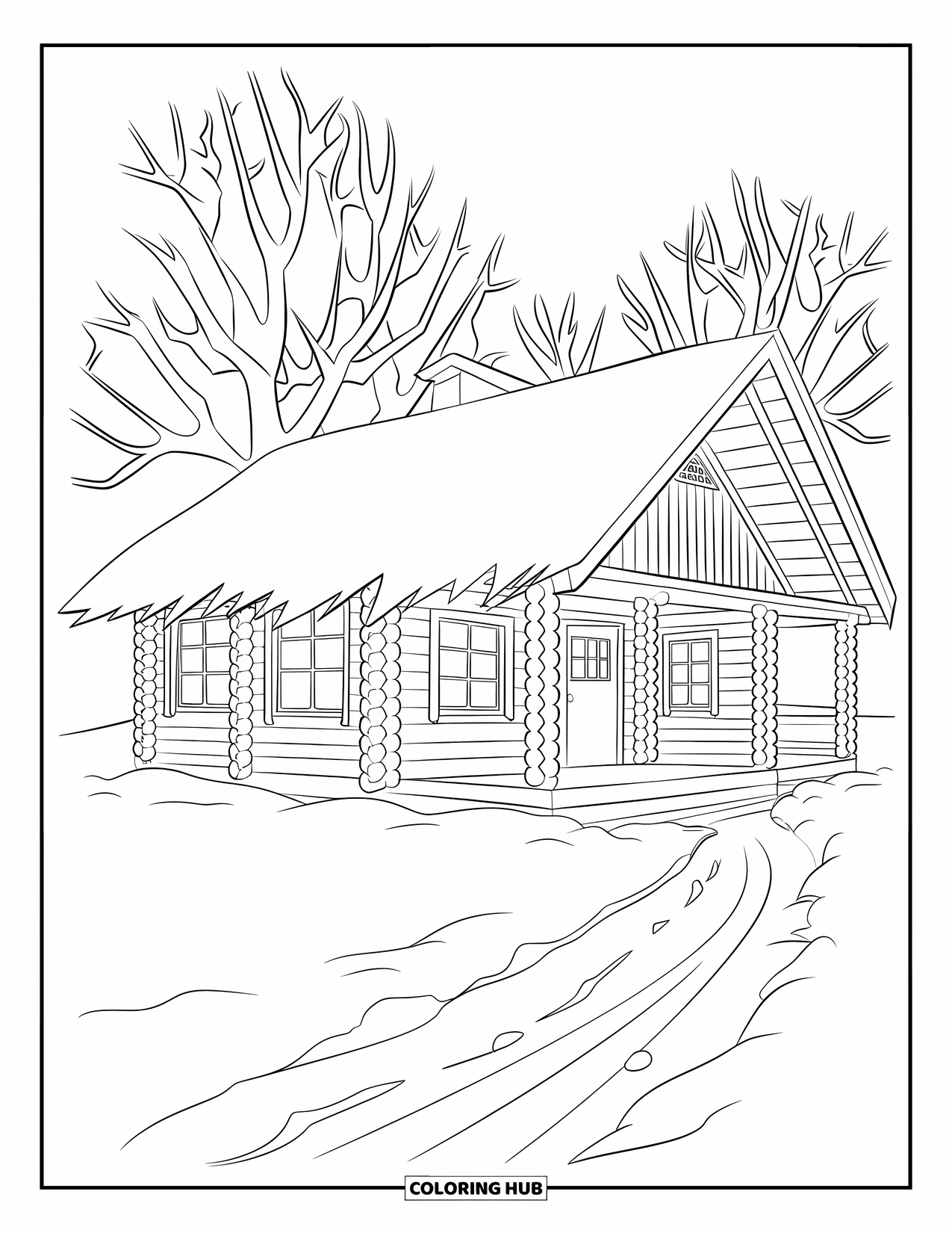 Snow Coloring Page for Kids: A snowy cabin with bare trees and a clear path
