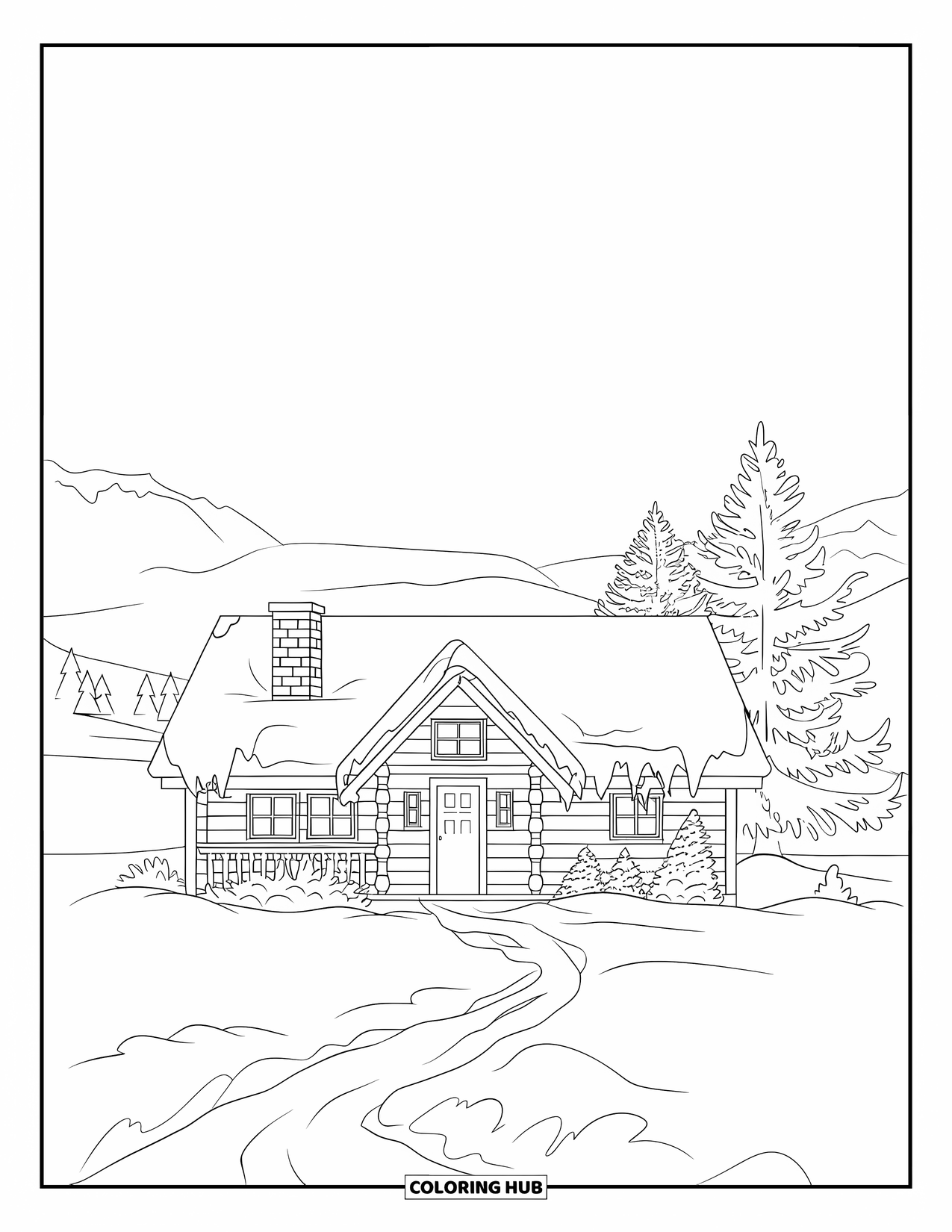 Snow Coloring Page for Kids: A snowy cabin with mountains behind and a snowy path