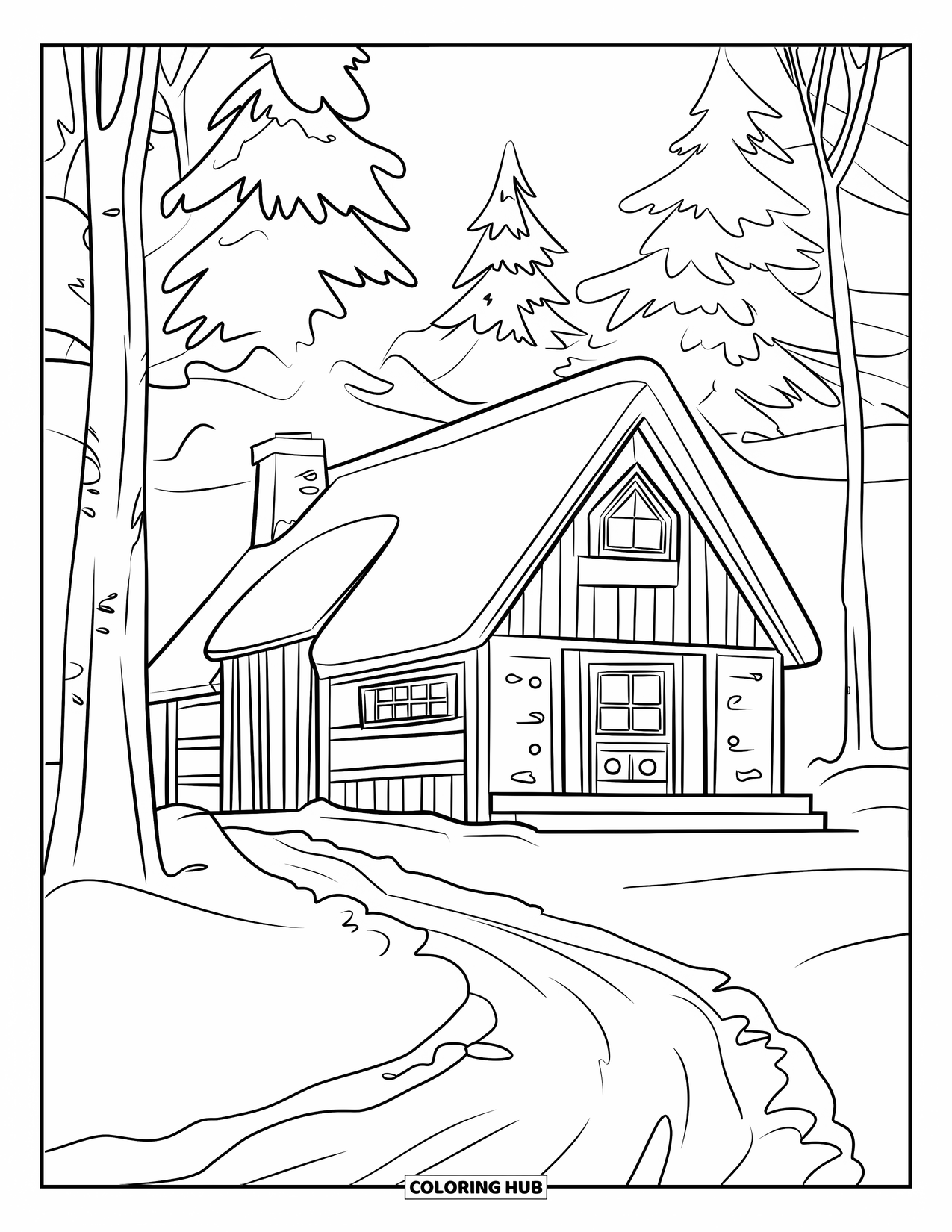 Snow Coloring Page for Kids: A snowy cabin with tall trees and a snowy path