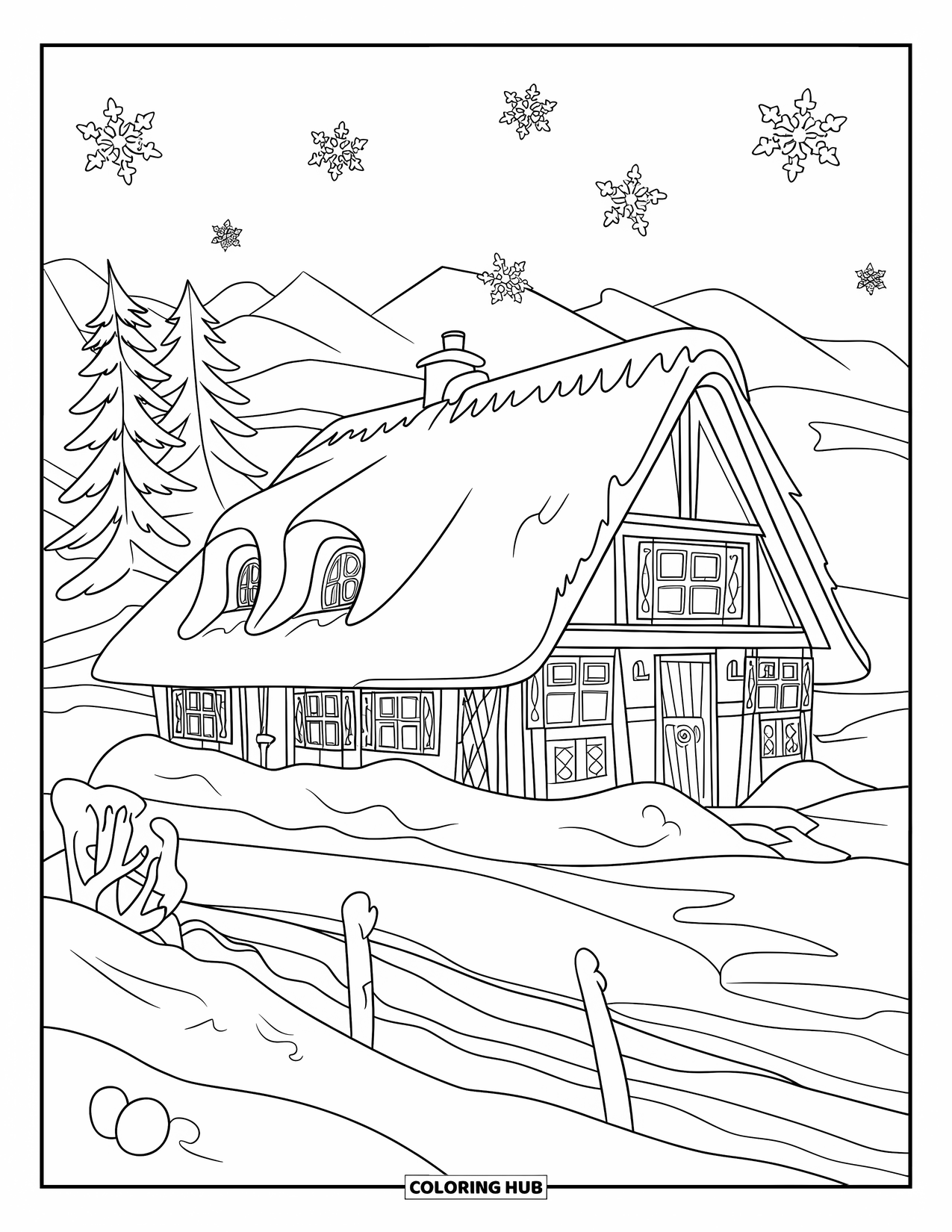 Snow Coloring Page for Kids: A snowy cottage half-buried with mountains behind