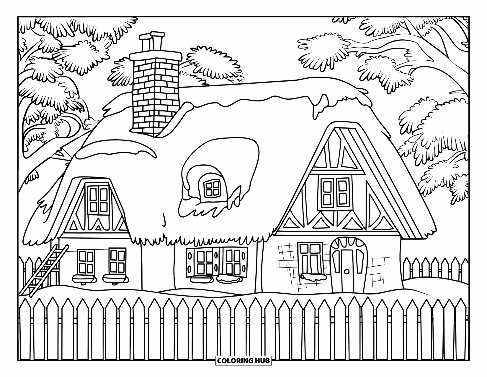 Snow Coloring Page for Kids: A snowy cottage with a picket fence and trees heavy with snow