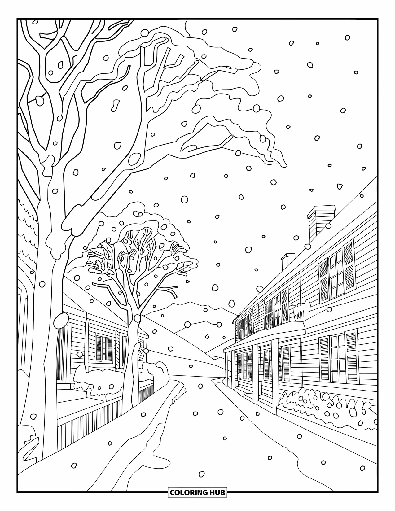 Snow Coloring Page for Kids: A snowy street with chimneys and mountains behind