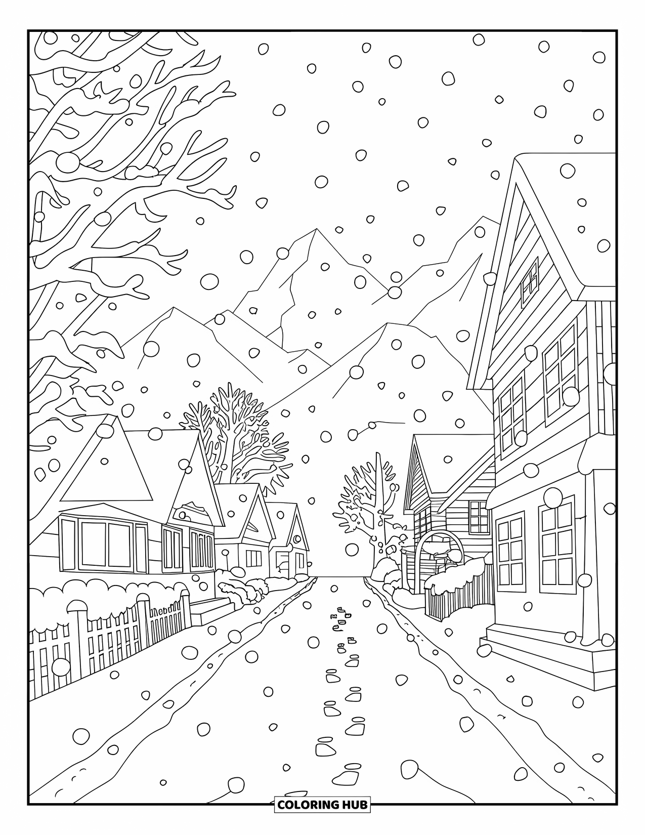 Snow Coloring Page for Kids: A snowy street with footprints leading to a house