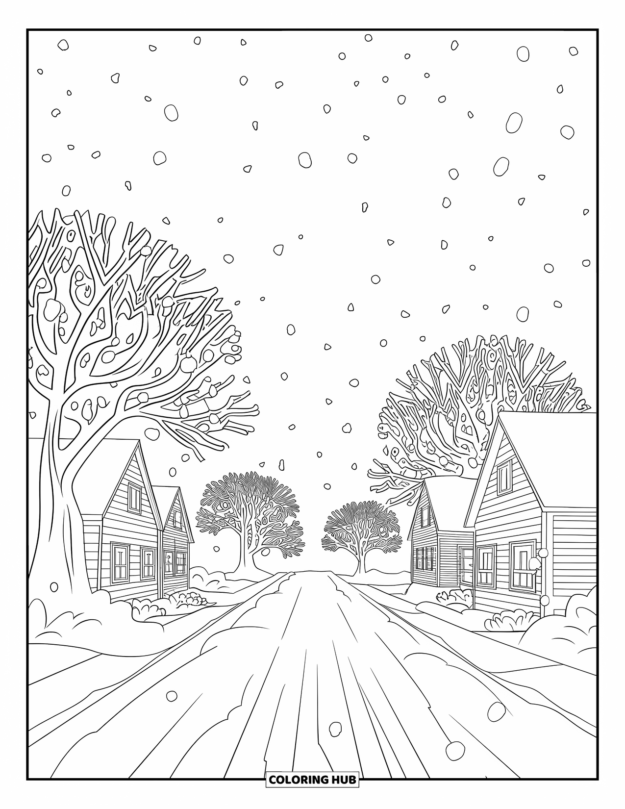 Snow Coloring Page for Kids: A snowy street with roofs covered in fresh snow