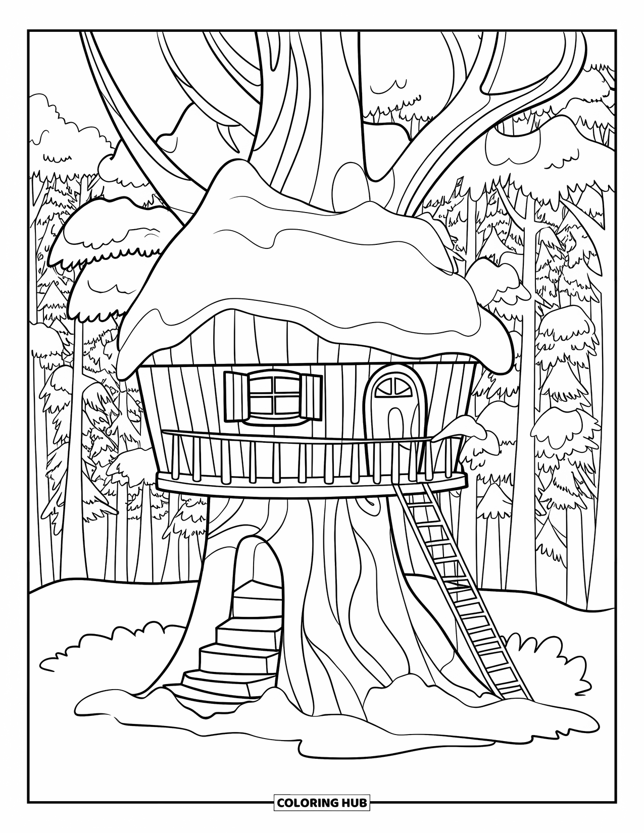 Snow Coloring Page for Kids: A snowy treehouse built into a tall tree trunk