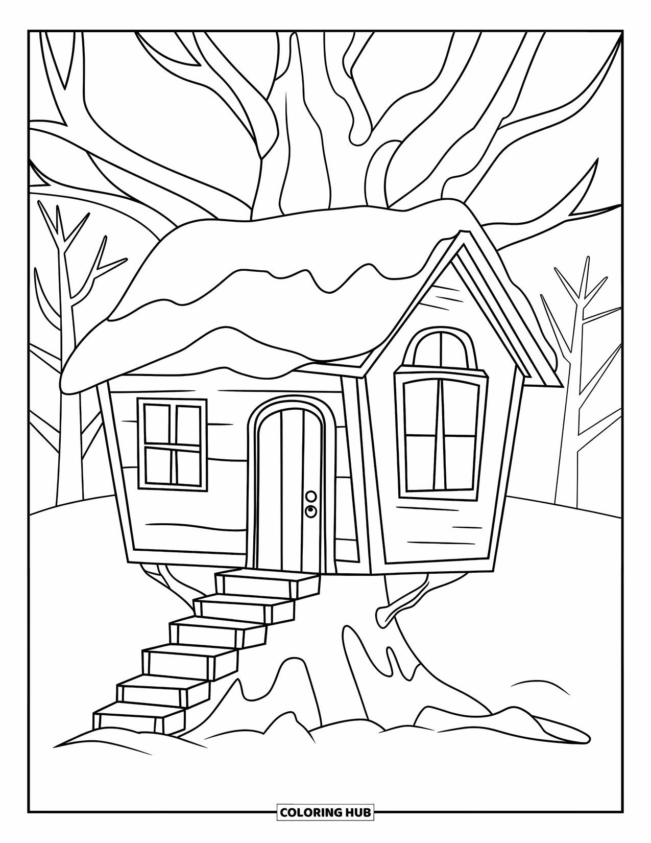 Snow Coloring Page for Kids: A snowy treehouse with a sloping roof and ladder