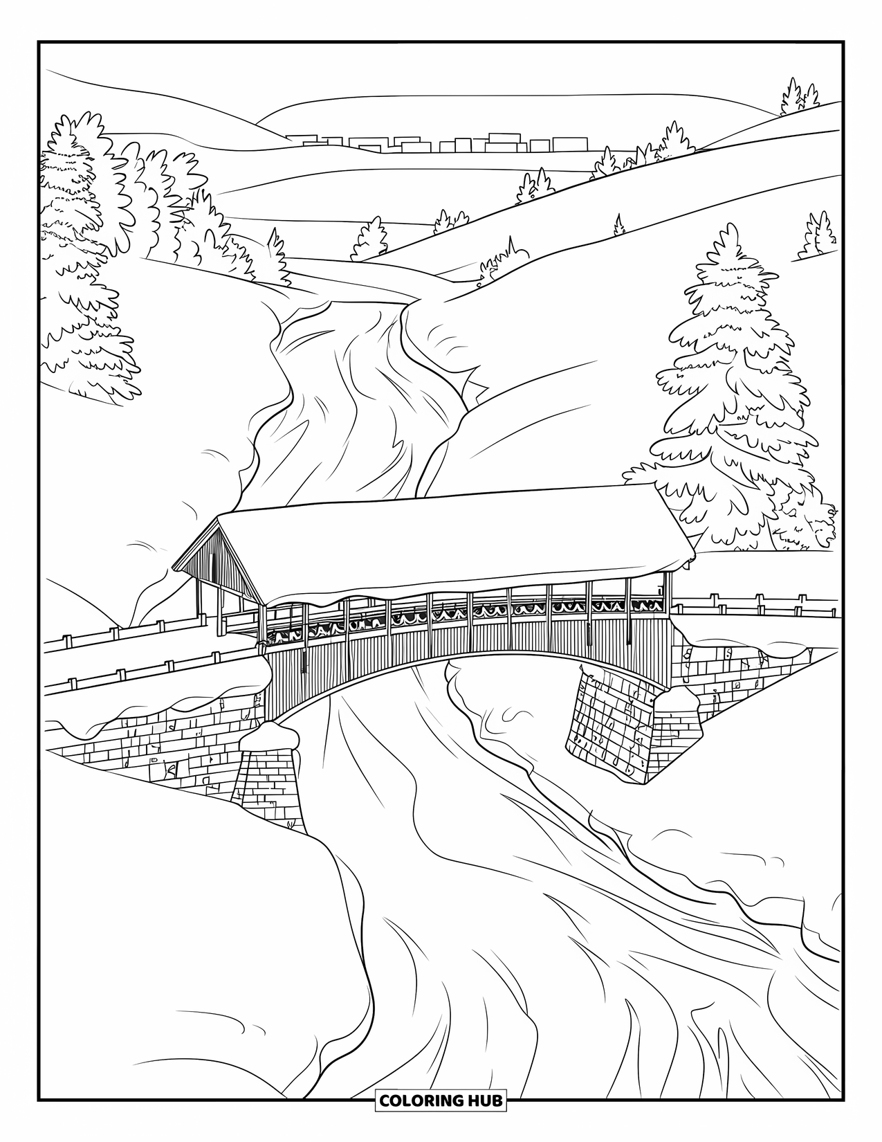 Snow Coloring Page for Kids: A snowy wooden bridge crosses a frozen river by the hills