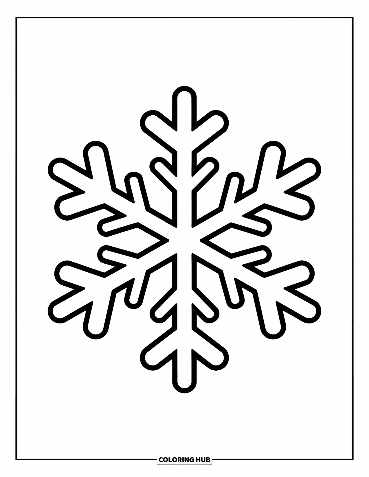 Snow Coloring Page for Kids: A spiral-armed snowflake falls through the sky