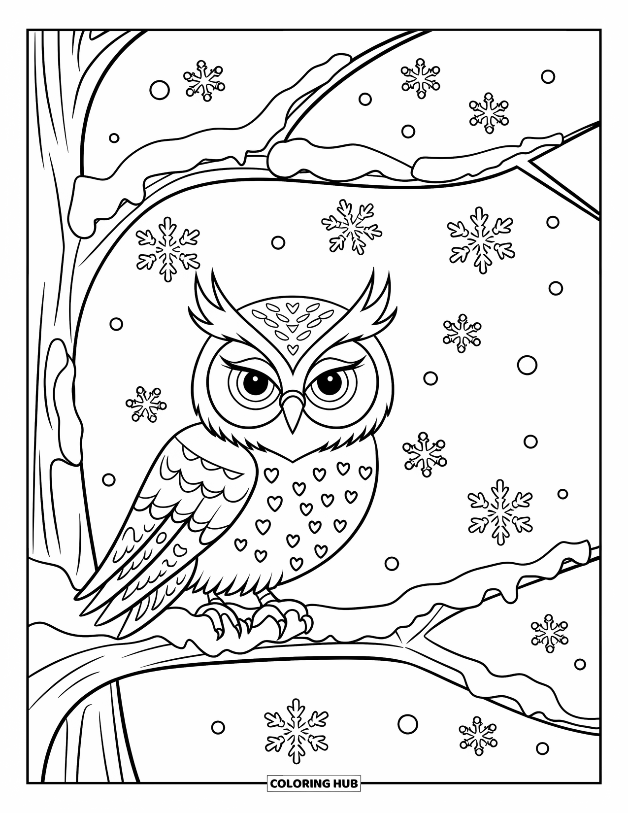 Snow Coloring Page for Kids: An owl perches on a snowy branch as snowflakes fall