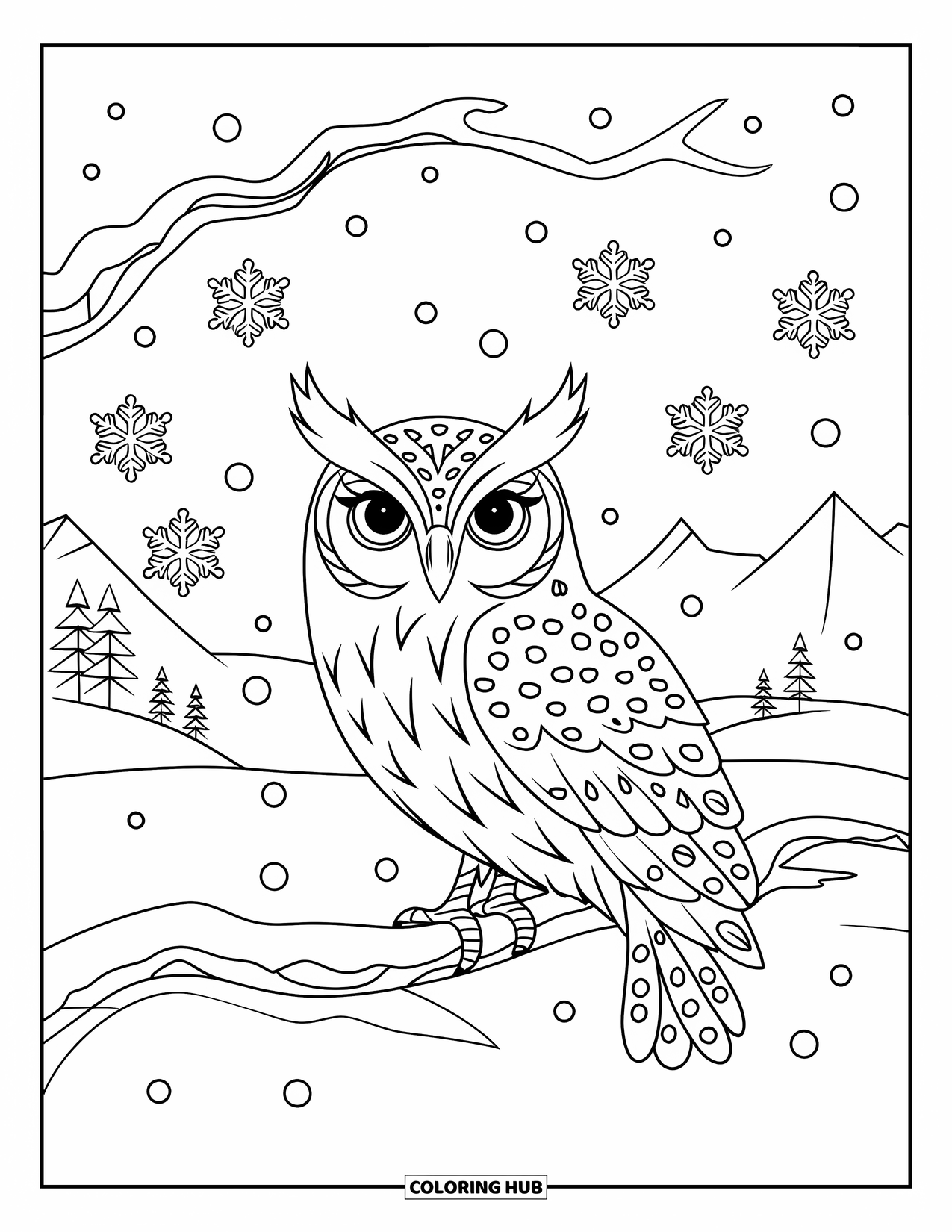 Snow Coloring Page for Kids: An owl rests on a snowy branch with mountains beyond