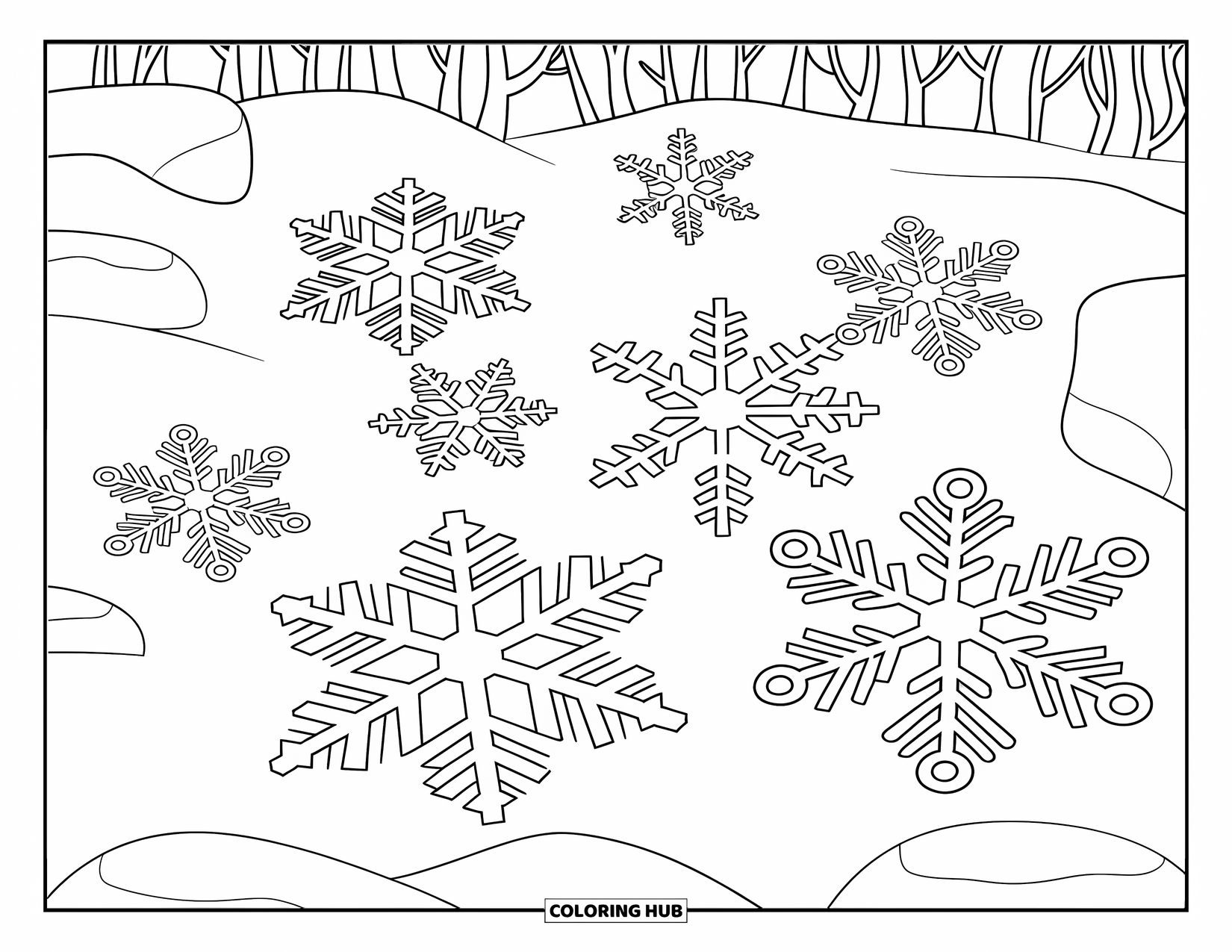 Snow Coloring Page for Kids: Snowflakes in a circle rest on snowy ground
