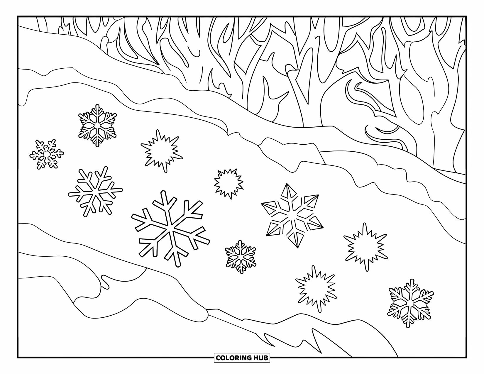 Snow Coloring Page for Kids: Snowflakes rest on snowy ground with trees behind