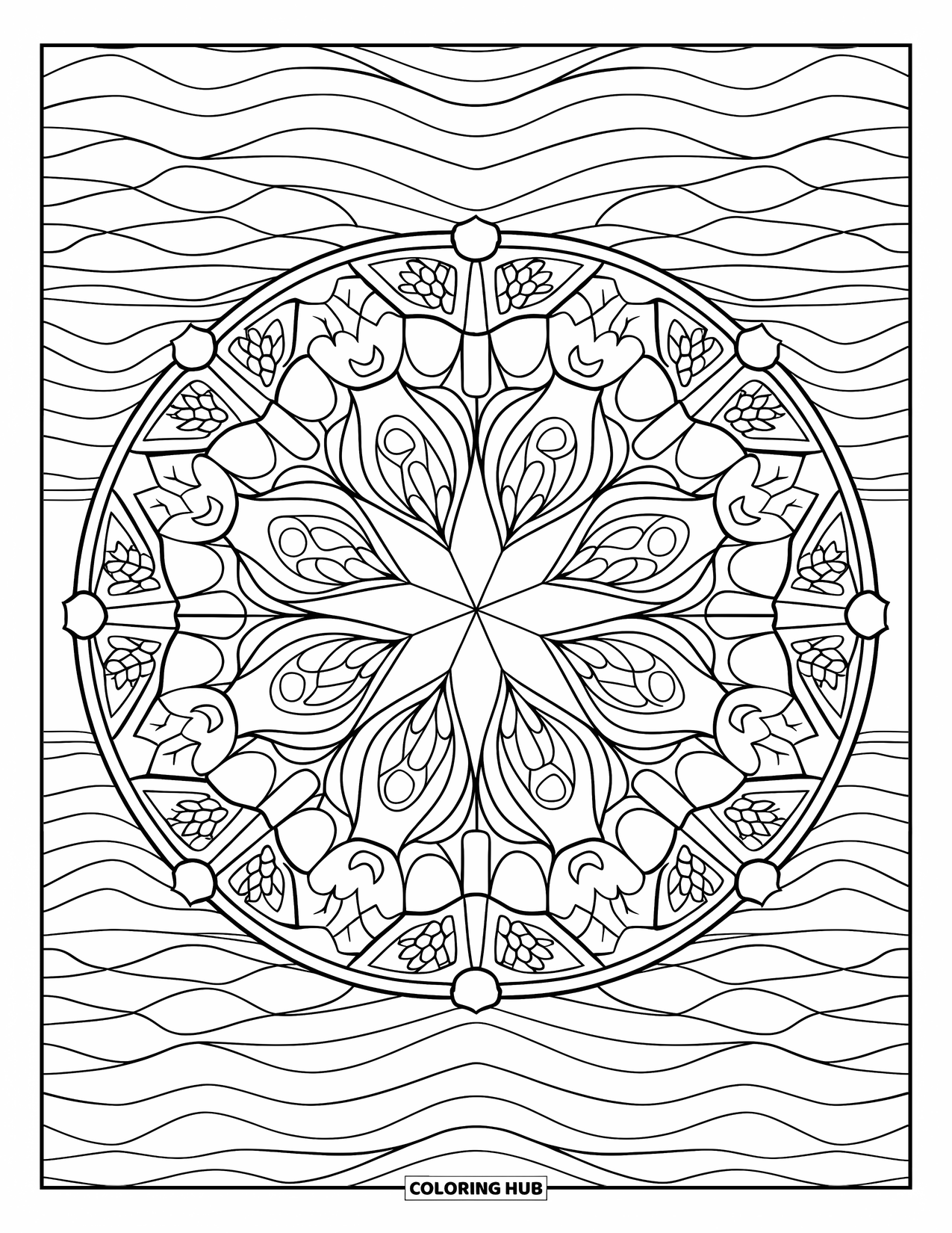 Starfish Coloring Page for Adults: A coral mandala surrounds a starfish with flowing sea shapes and wave designs