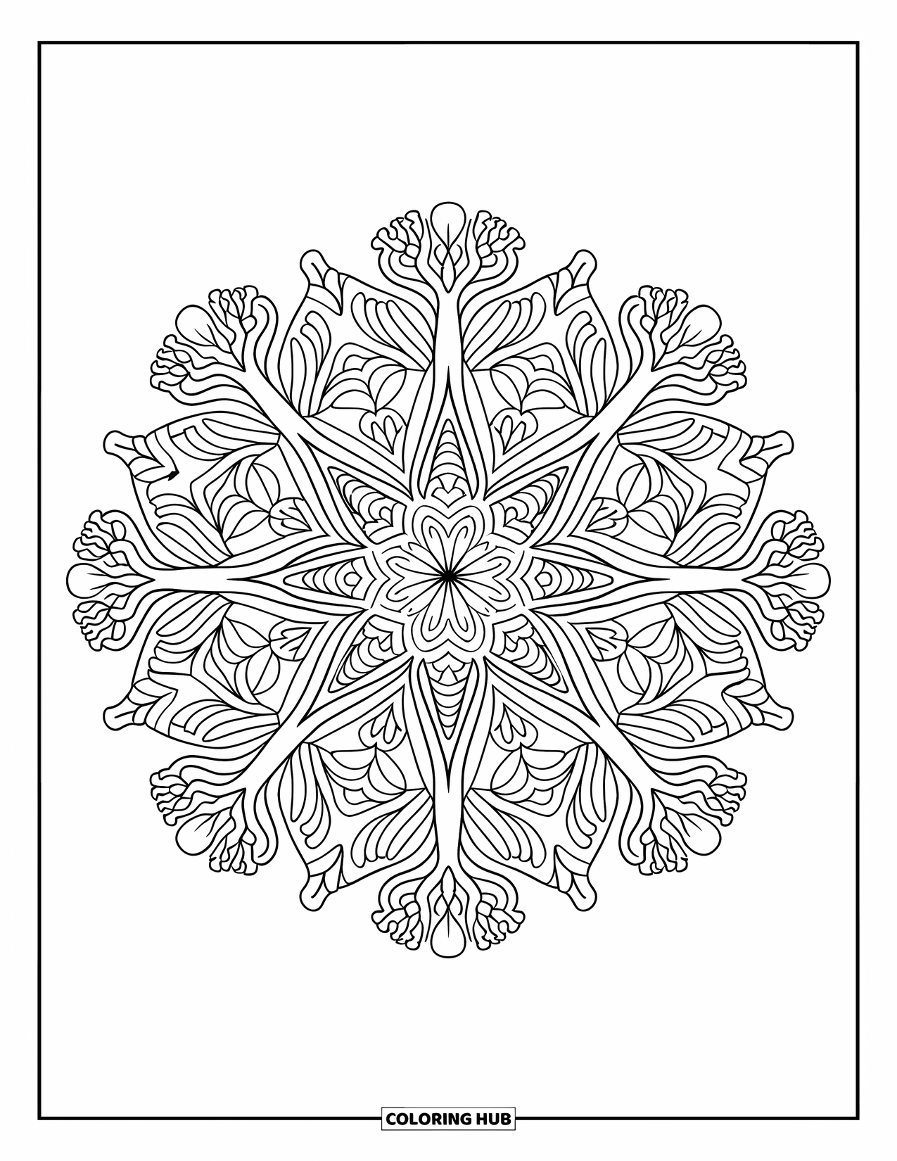 Starfish Coloring Page for Adults: A detailed starfish rests in a coral-inspired mandala with sea-themed patterns