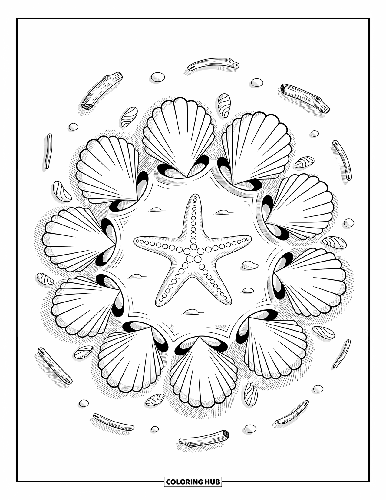 Starfish Coloring Page for Adults: A happy starfish lies on soft sand with seashells and ocean swirls all around