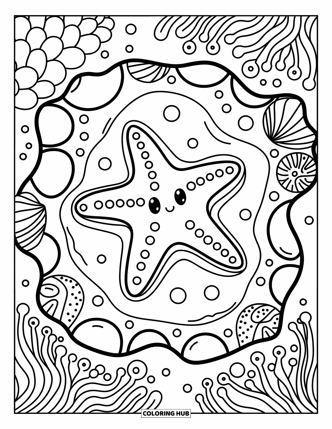Starfish Coloring Page for Adults: A happy starfish rests on pebbles in a tide pool with shells, bubbles, and seaweed