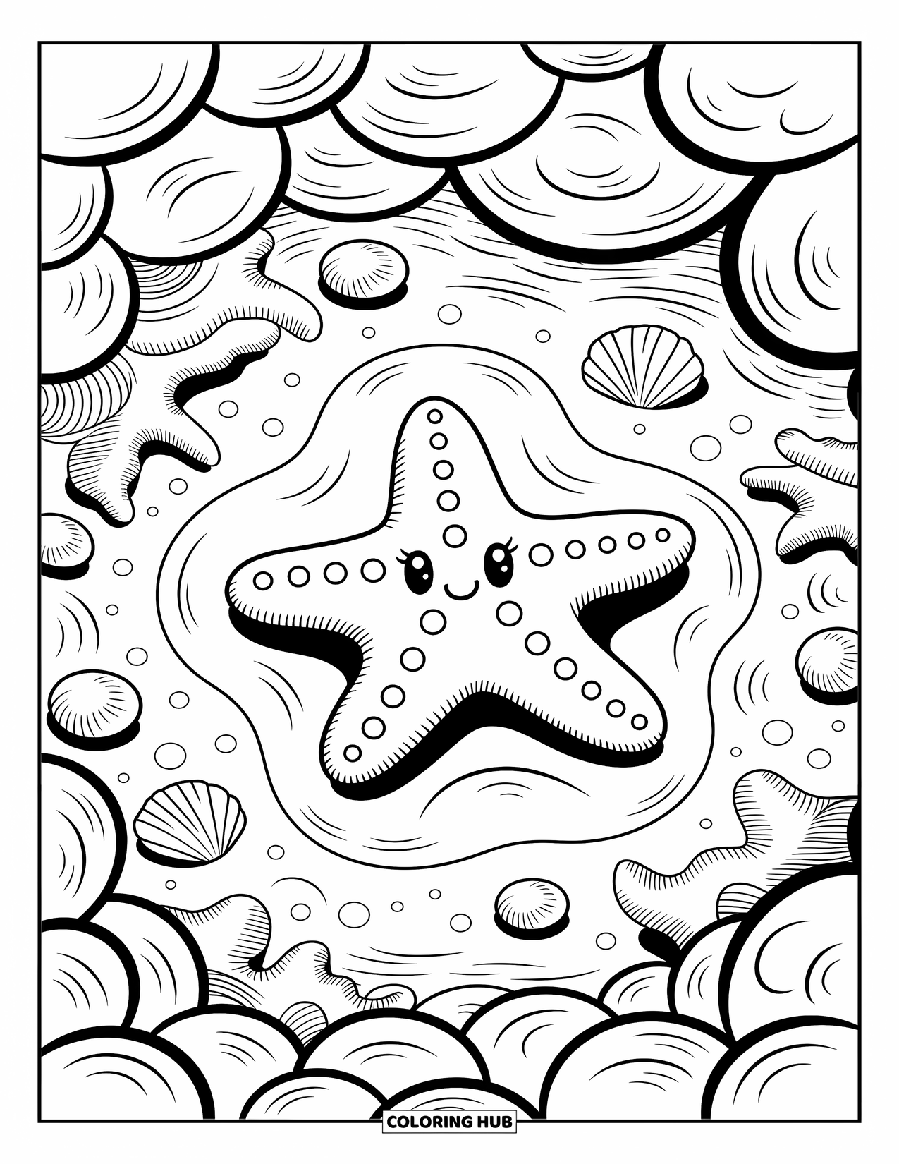 Starfish Coloring Page for Adults: A peaceful starfish rests in a cozy pool with coral tufts, shells, and soft water ripples
