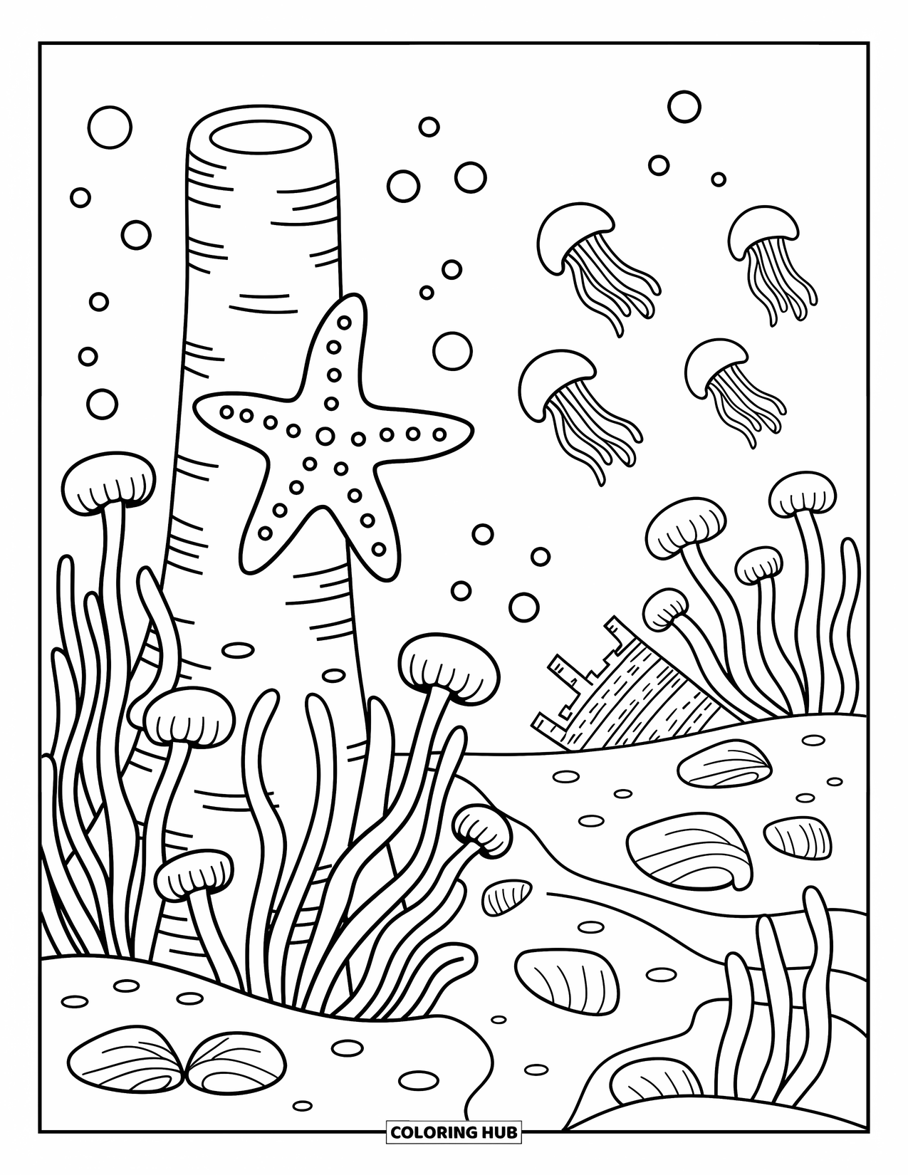 Starfish Coloring Page for Adults: A playful starfish holds on to coral among anemones, jellyfish, and calm underwater life