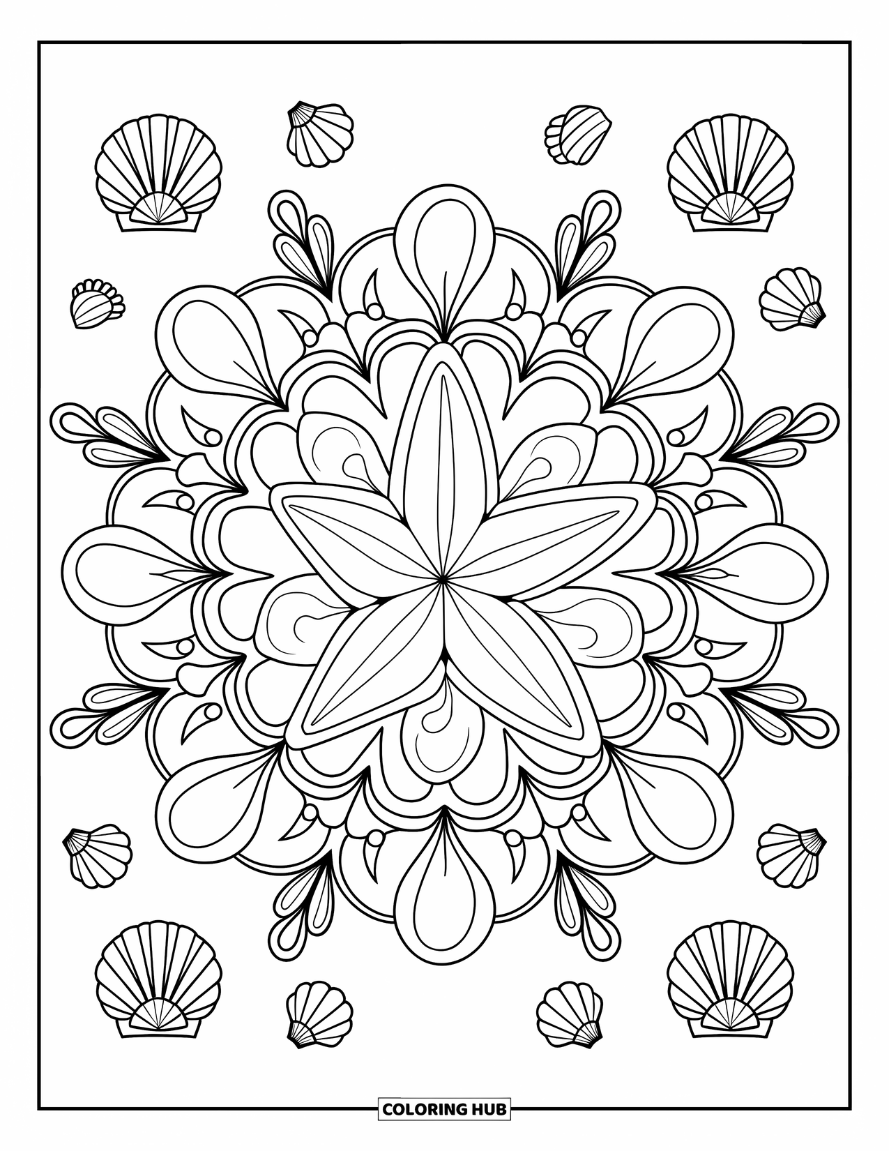 Starfish Coloring Page for Adults: A starfish is at the heart of a floral mandala with curling petals and seashells