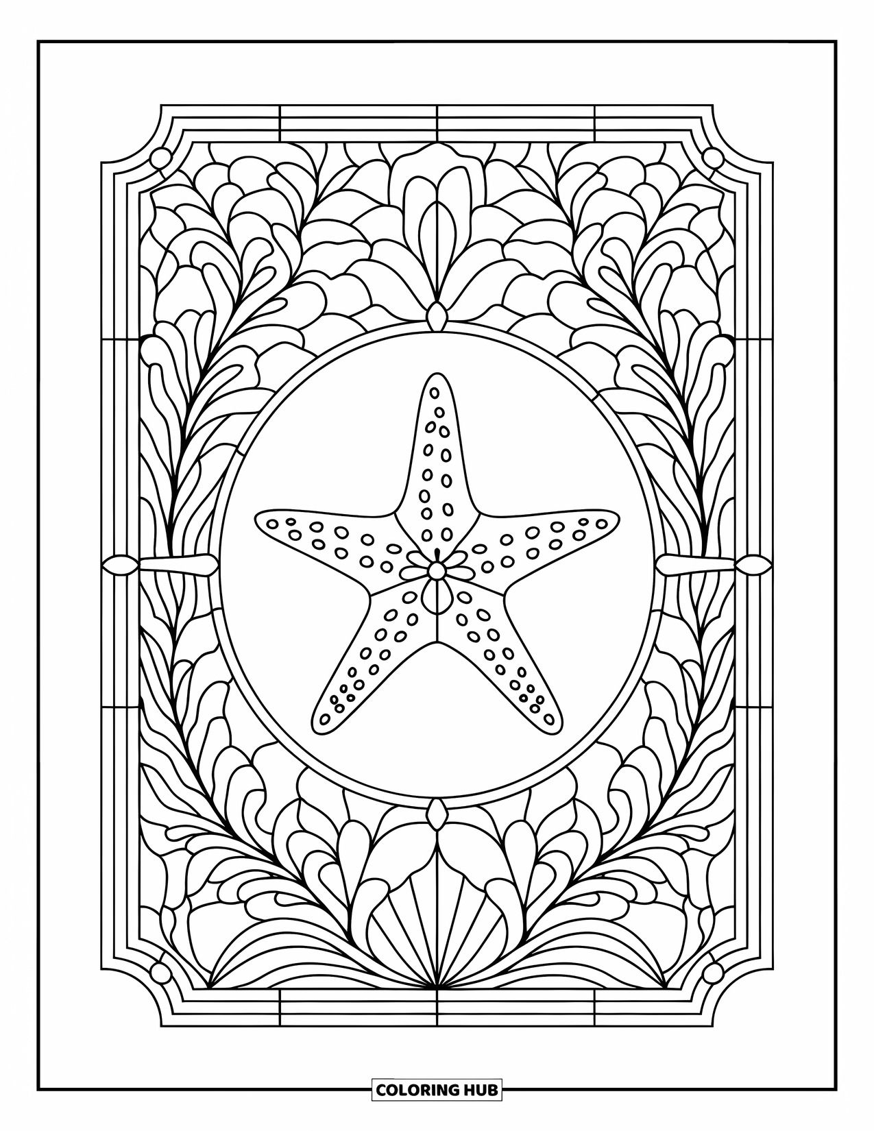 Starfish Coloring Page for Adults: A starfish sits inside an ornate stained glass frame with seaweed details