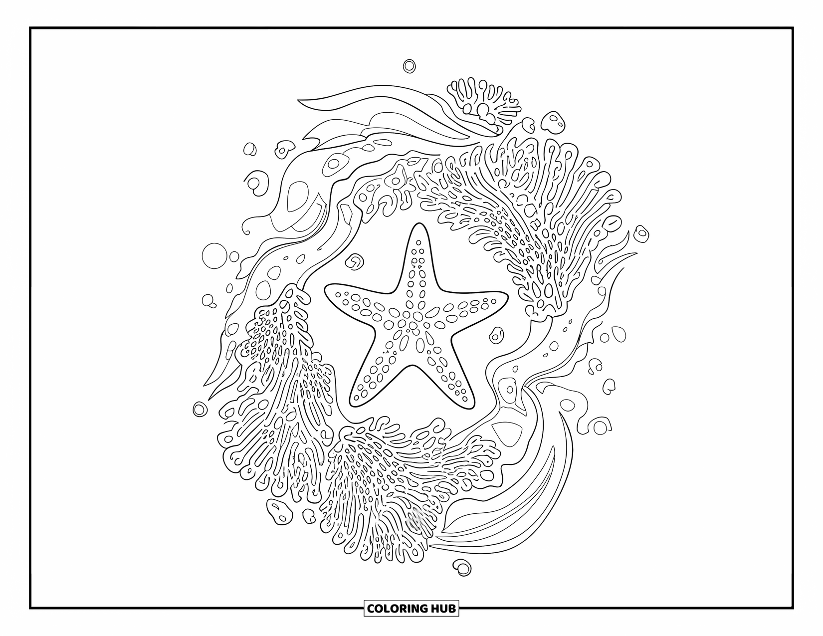 Starfish Coloring Page for Adults: A starfish sits inside detailed coral and bubble mandalas for a peaceful ocean vibe