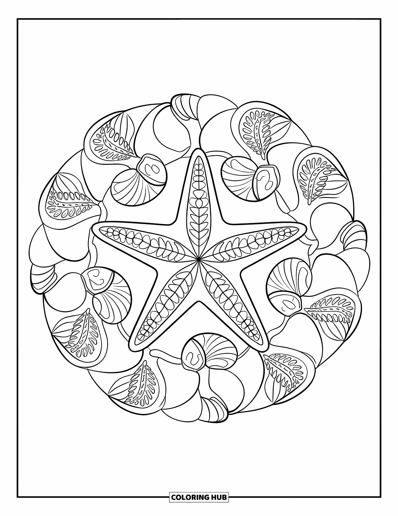 Starfish Coloring Page for Adults: A starfish with patterned arms is surrounded by decorative petals and gentle shell shapes