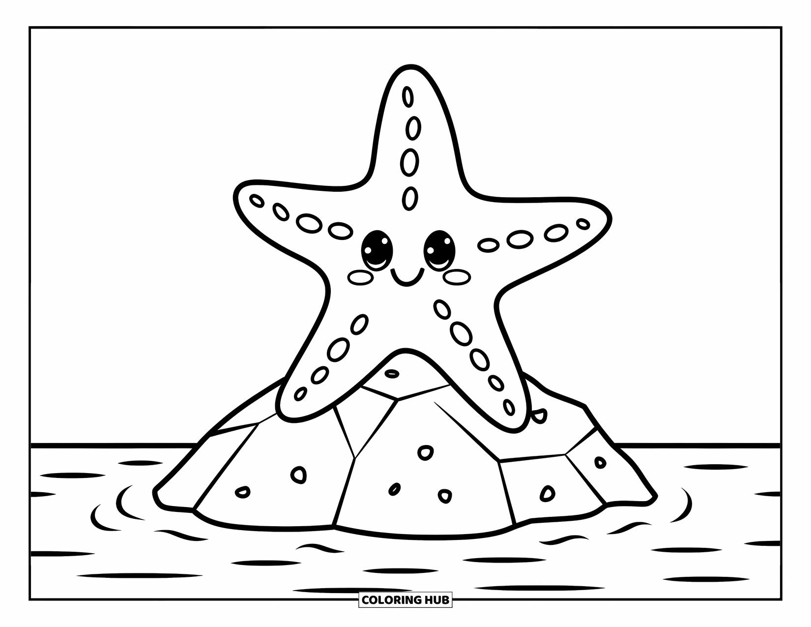 Starfish Coloring Page for Kids: A big happy starfish rests on a rock surrounded by gentle wavy water