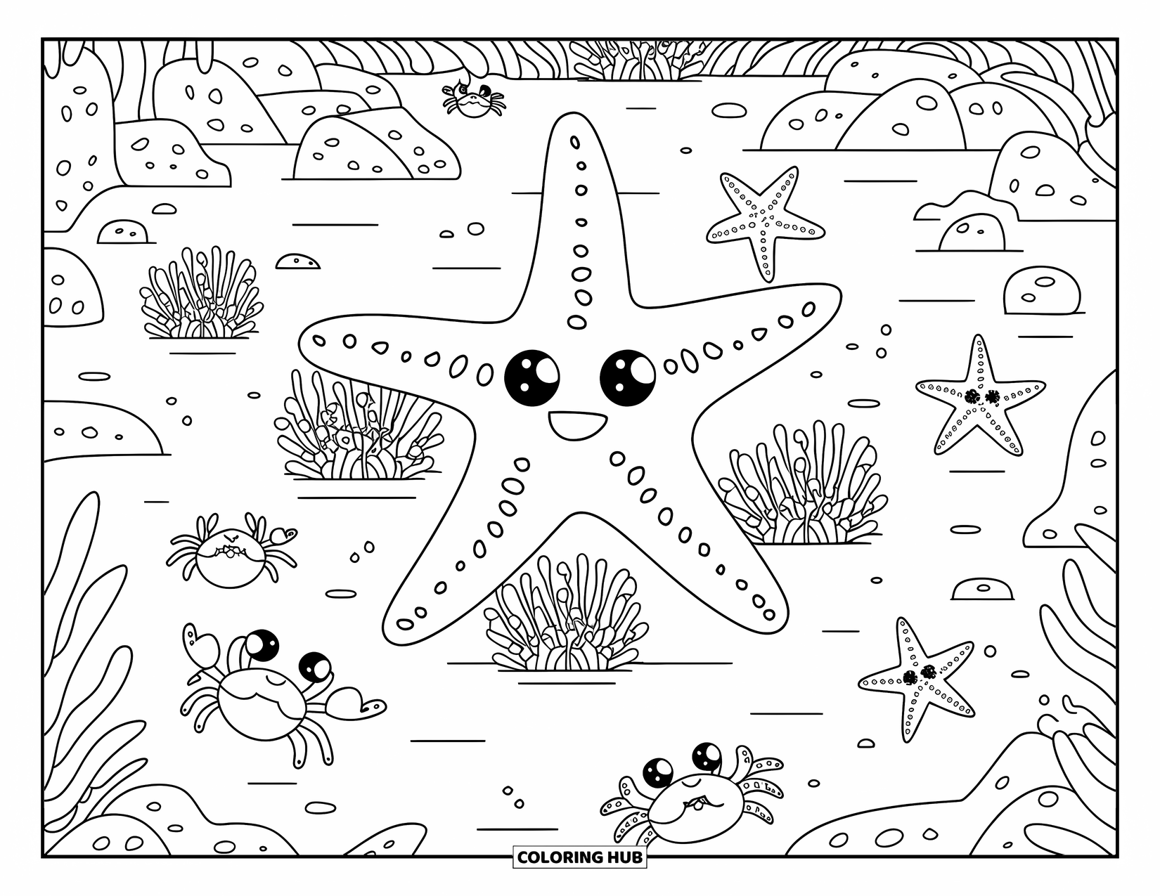 Starfish Coloring Page for Kids: A big starfish and marine friends gather in a cozy tide pool