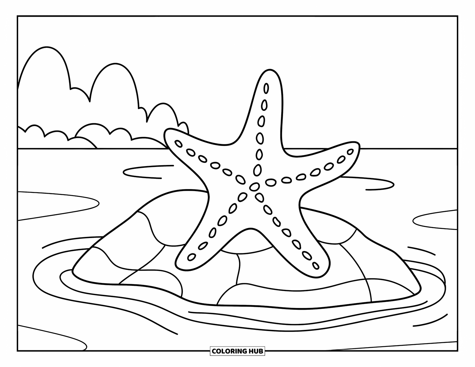 Starfish Coloring Page for Kids: A big starfish rests by the shore on a rock with soft waves around it