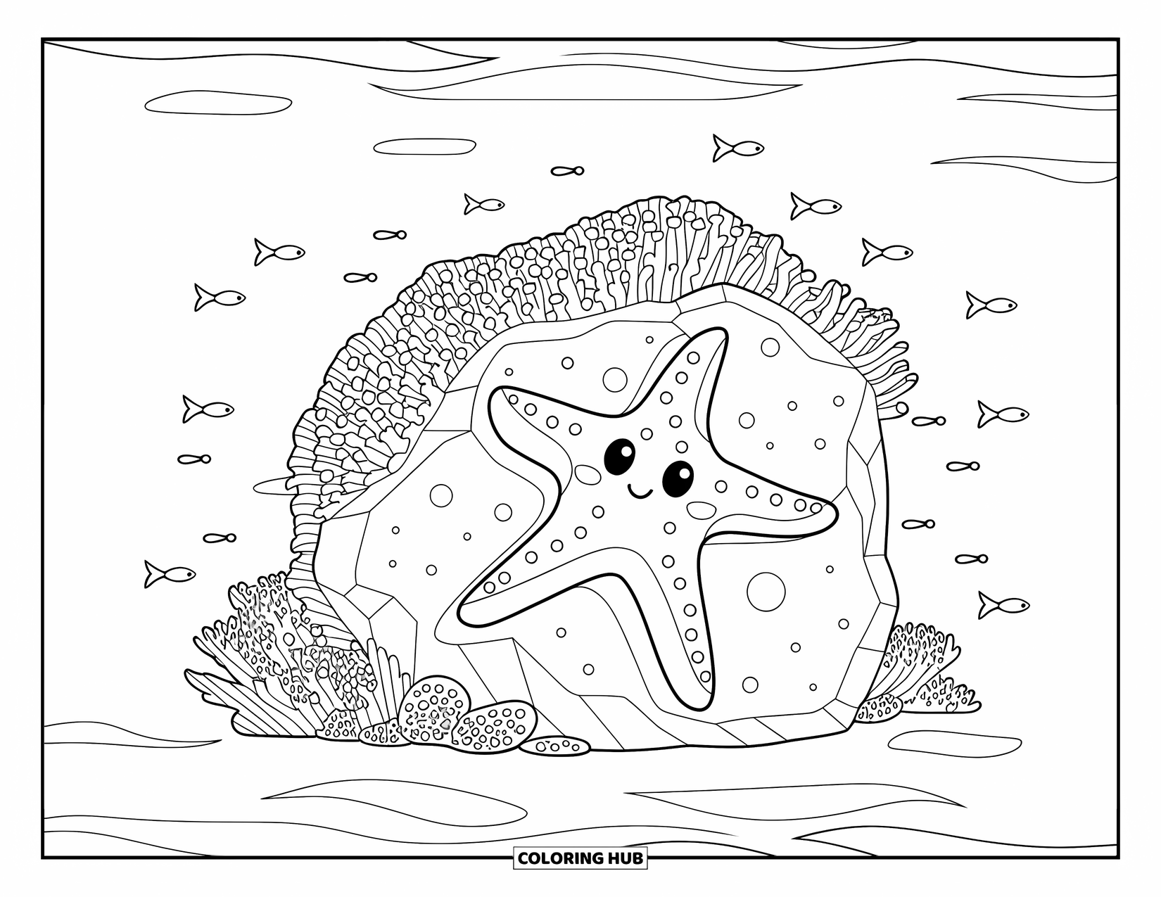 Starfish Coloring Page for Kids: A cheerful starfish crawls on coral while fish swim nearby