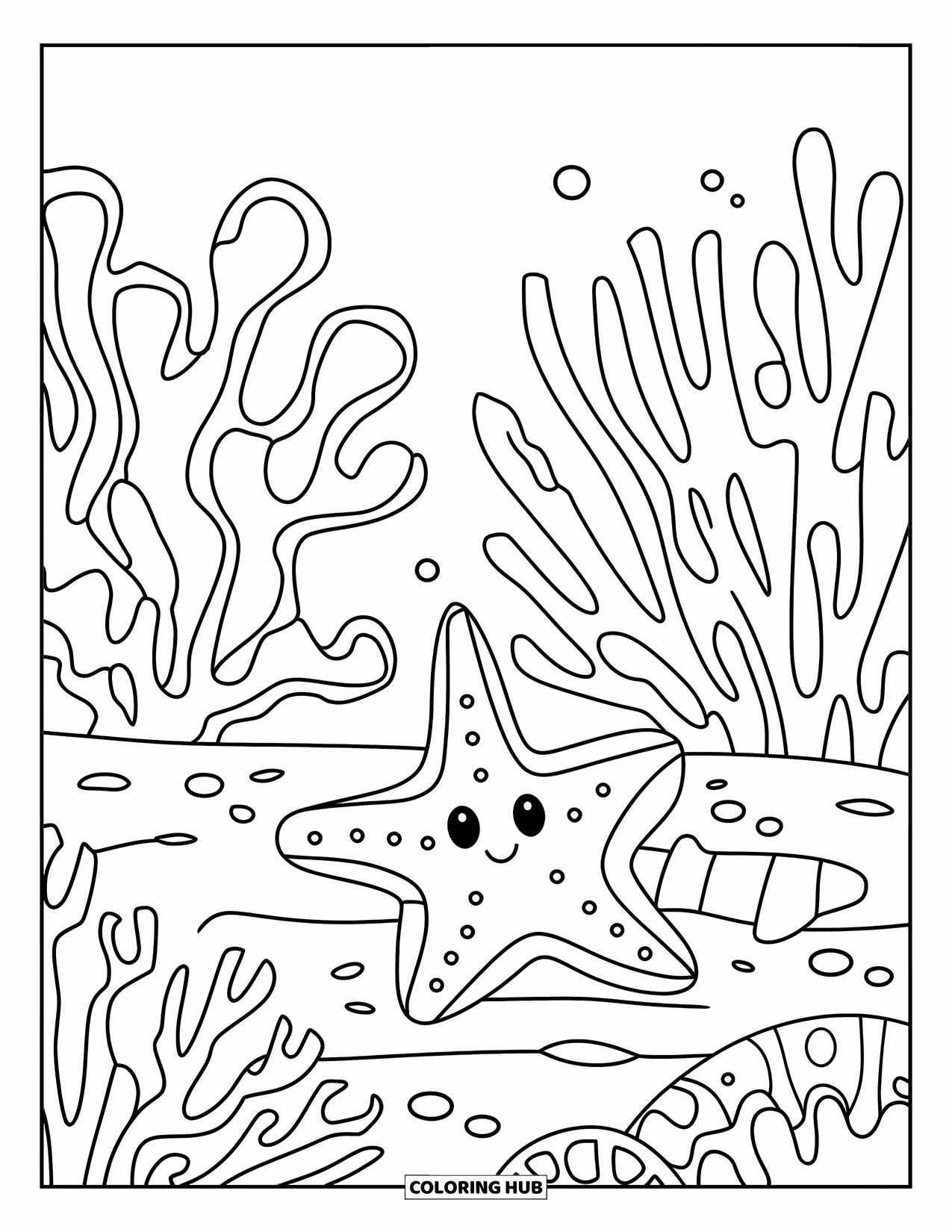 Starfish Coloring Page for Kids: A cute starfish rests near coral and seaweed on the ocean floor