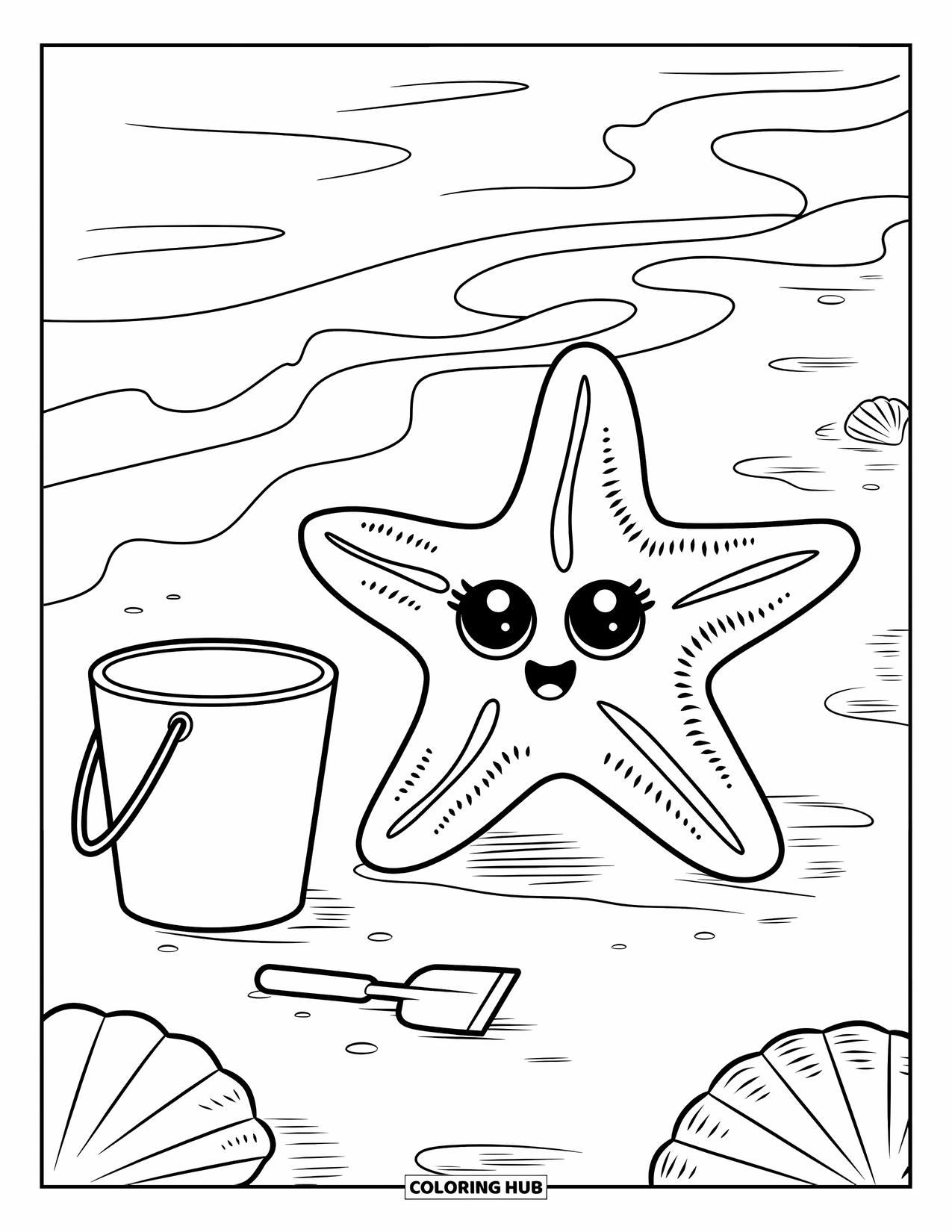 Starfish Coloring Page for Kids: A cute starfish sits beside a beach bucket and tiny shovel