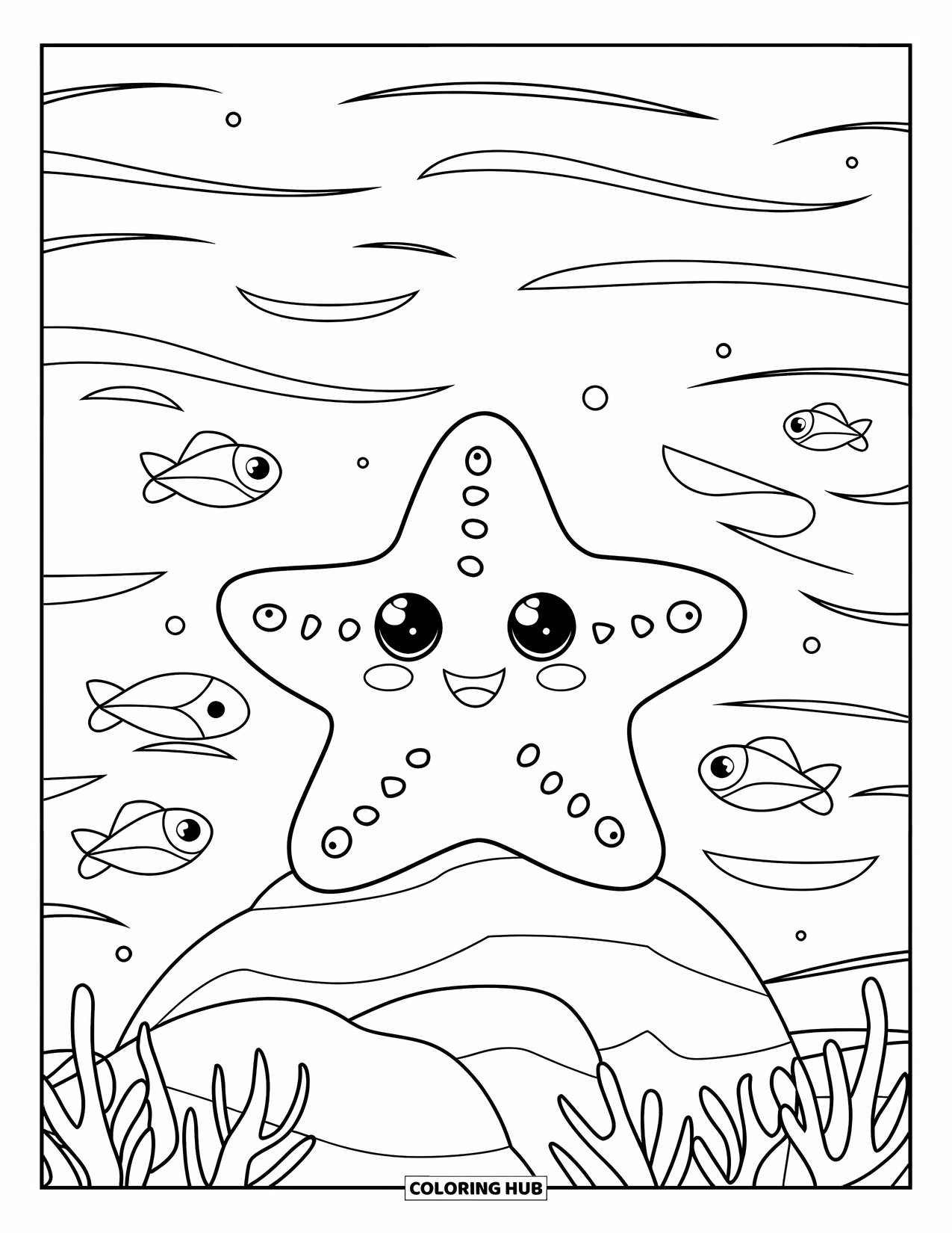 Starfish Coloring Page for Kids: A cute starfish sits on a rock while fish swim nearby