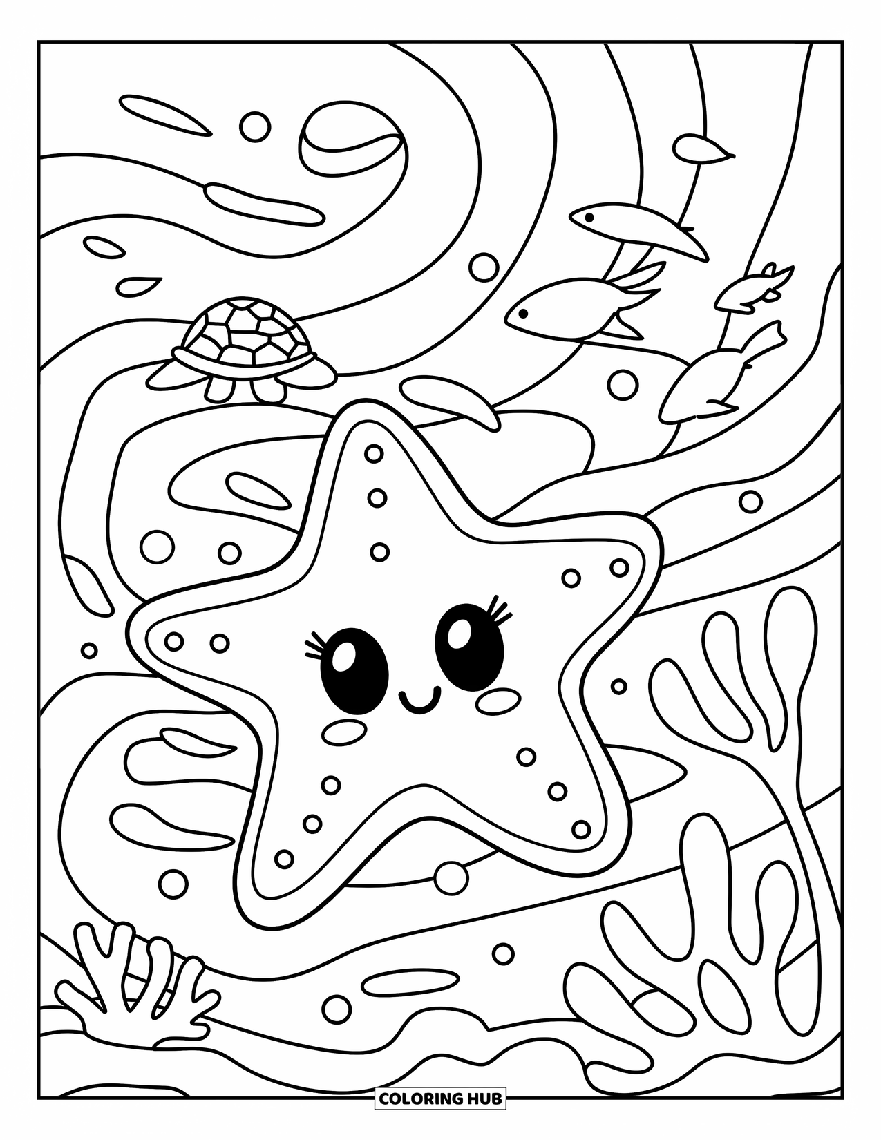 Starfish Coloring Page for Kids: A cute starfish wearing a helmet rests by seaweed and a sea turtle