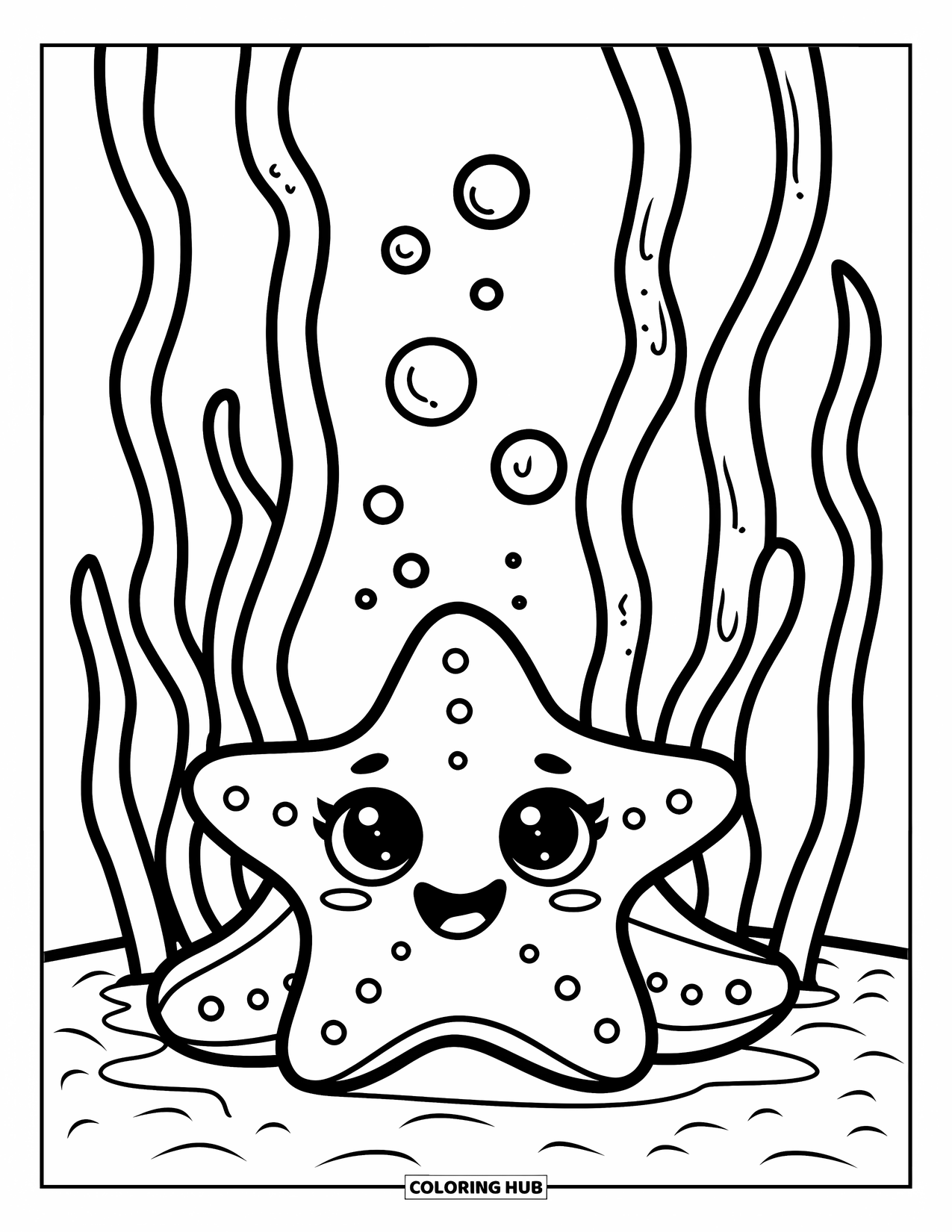 Starfish Coloring Page for Kids: A happy starfish hides under seaweed with bubbles floating up
