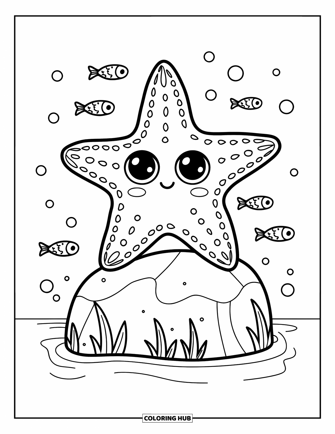 Starfish Coloring Page for Kids: A happy starfish perches on a rock with tiny fish around it