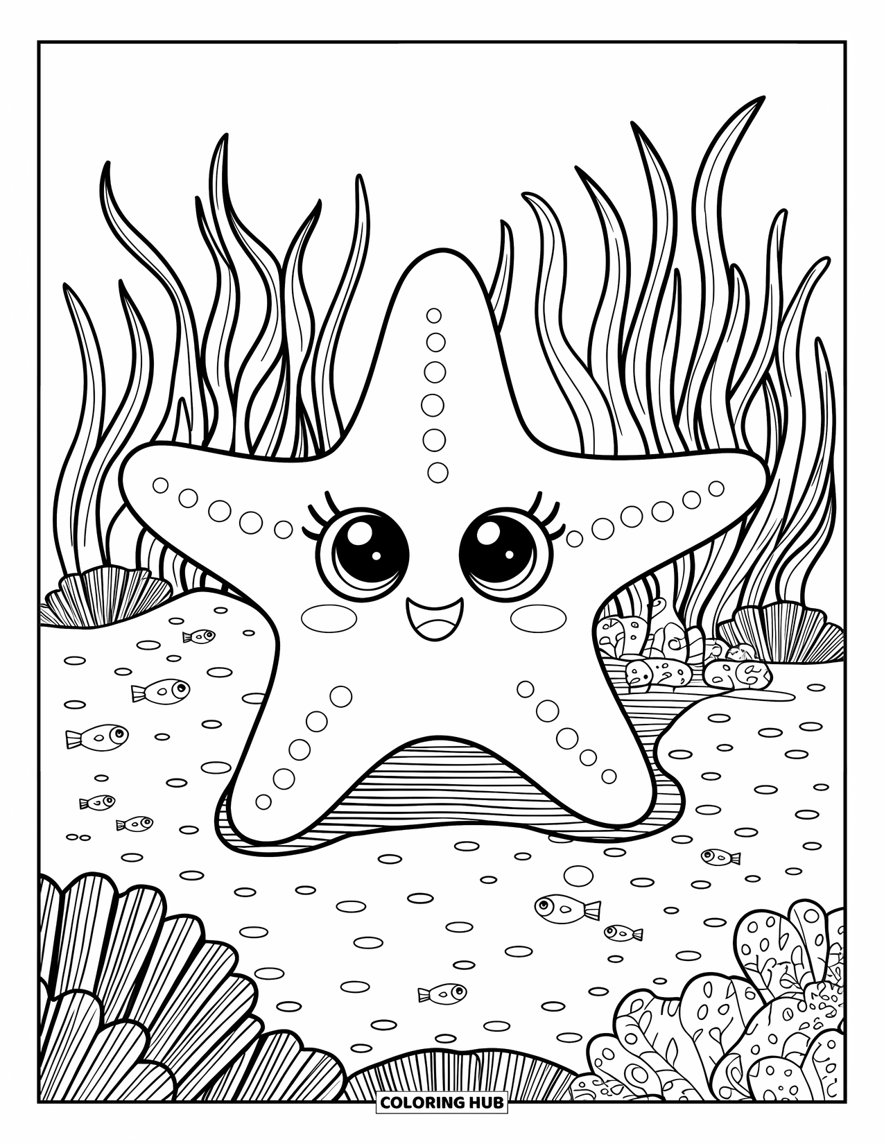 Starfish Coloring Page for Kids: A happy starfish stretches near seaweed and swimming fish