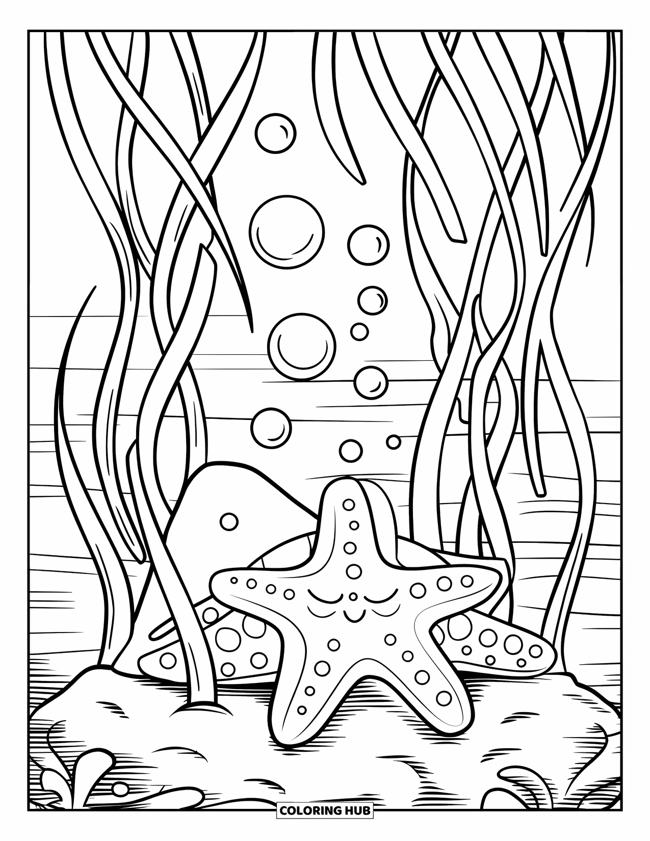 Starfish Coloring Page for Kids: A peaceful starfish lies beneath waving seaweed and gentle bubbles