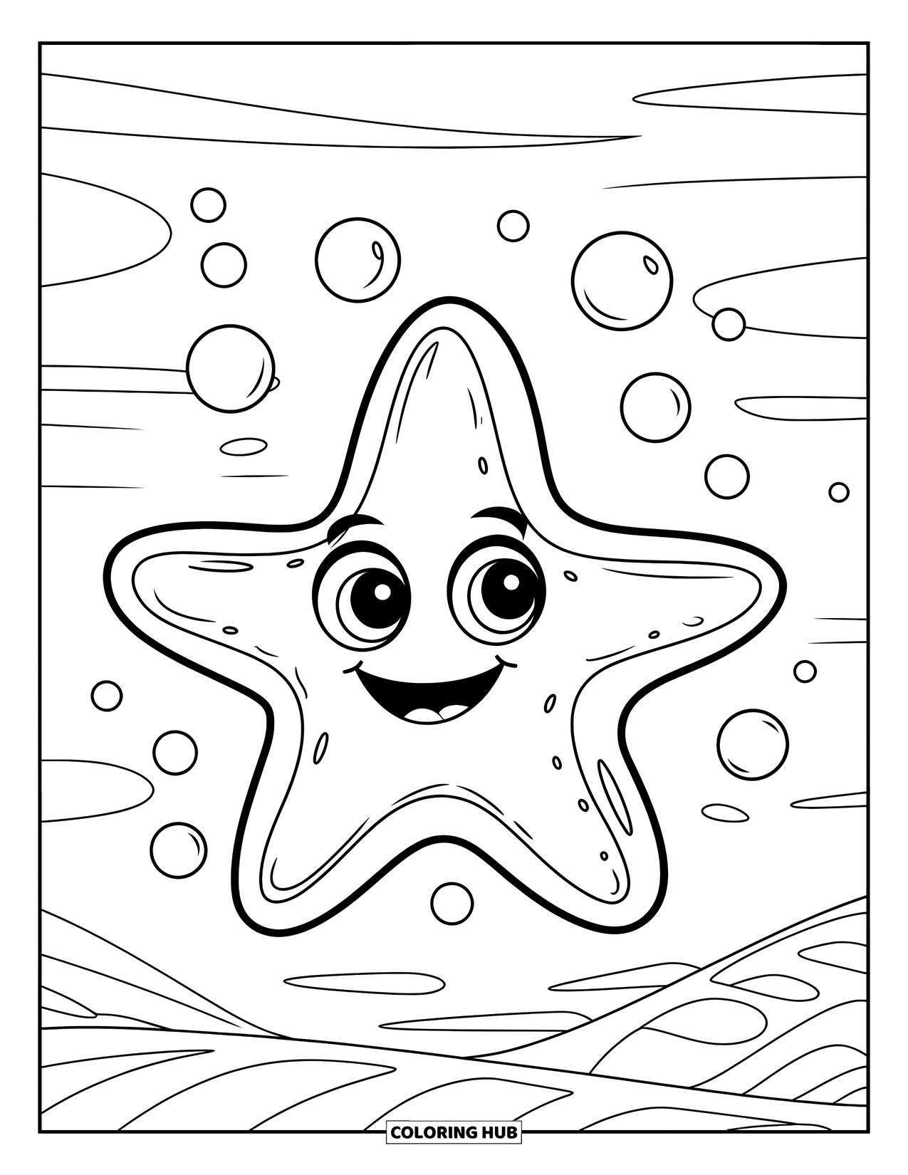 Starfish Coloring Page for Kids: A smiling starfish floats with soft bubbles in a calm sea