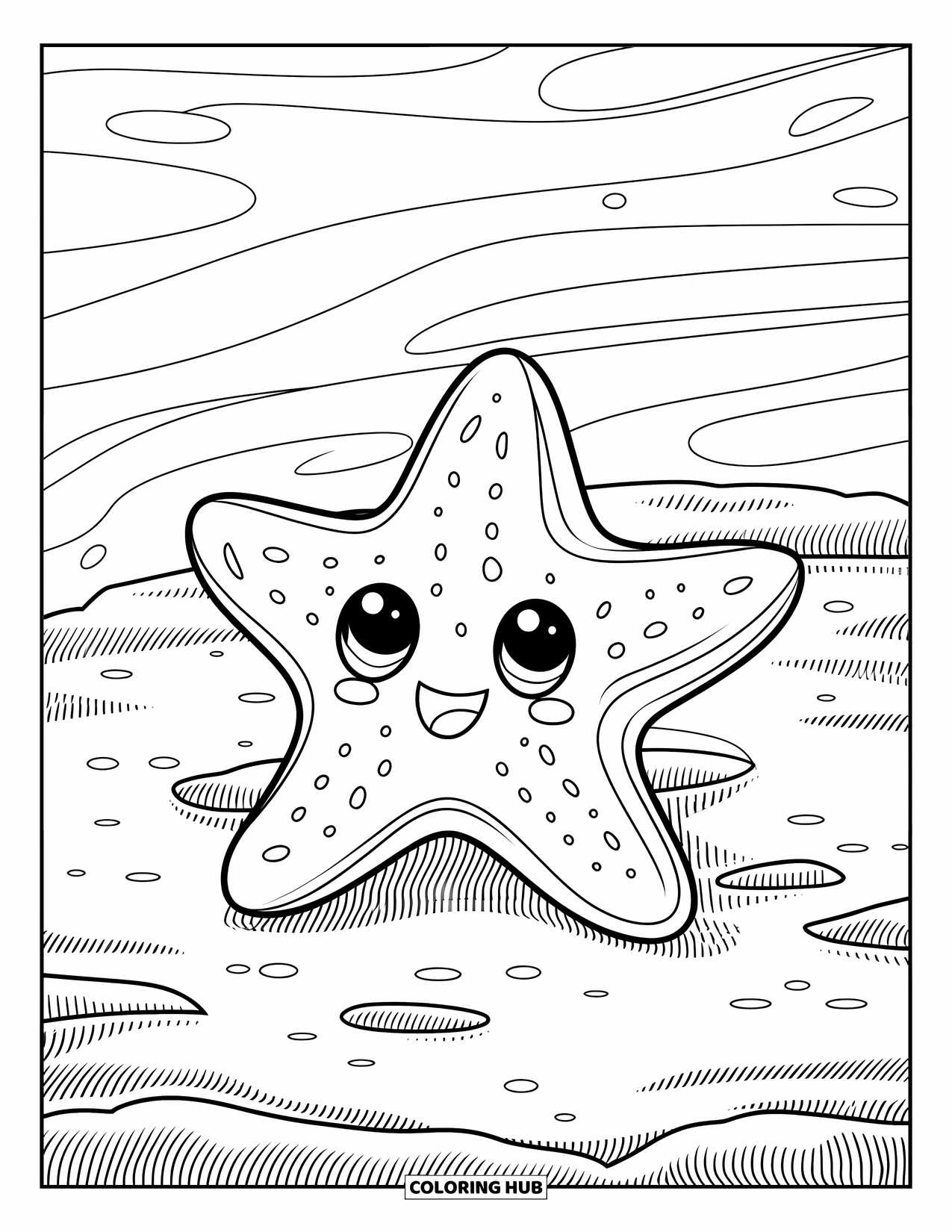 Starfish Coloring Page for Kids: A smiling starfish stretches on a rocky floor filled with tiny pebbles