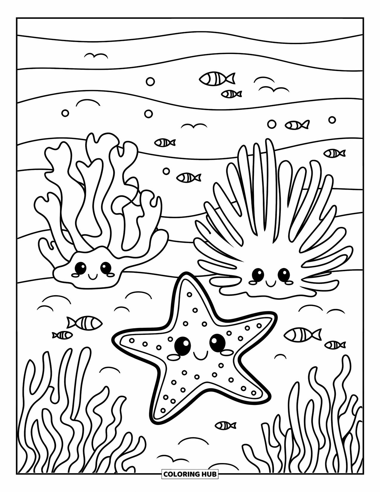 Starfish Coloring Page for Kids: A smiling starfish with friendly coral and fish sits on the ocean floor