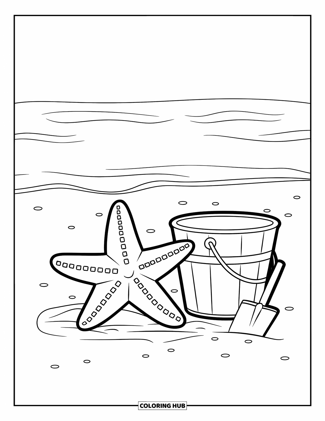Starfish Coloring Page for Kids: A starfish rests beside a shovel and bucket on a calm, breezy beach